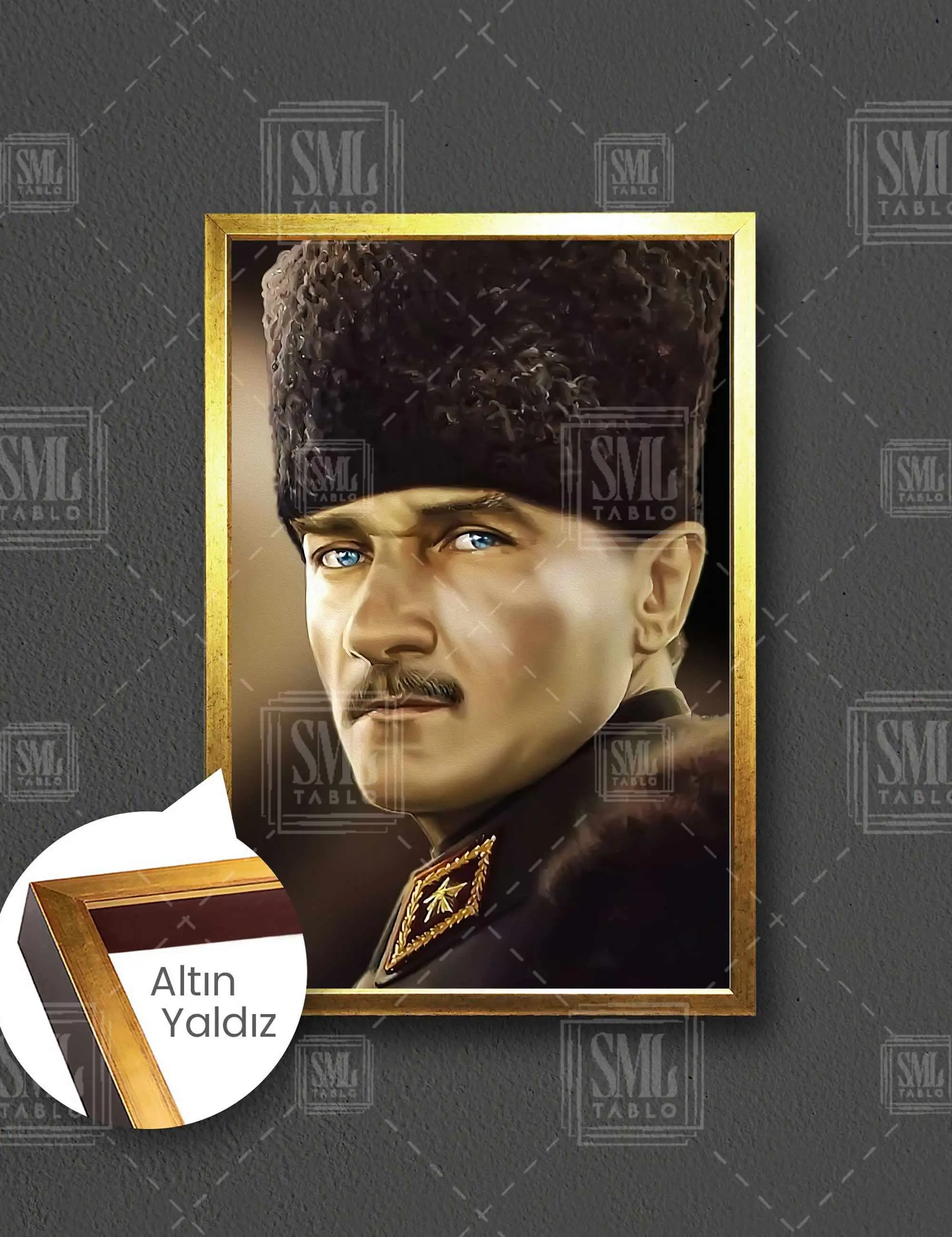 Kalpaklı Mustafa Kemal Atatürk Cesur Türk Çerçeveli Dikey Kanvas Tablo