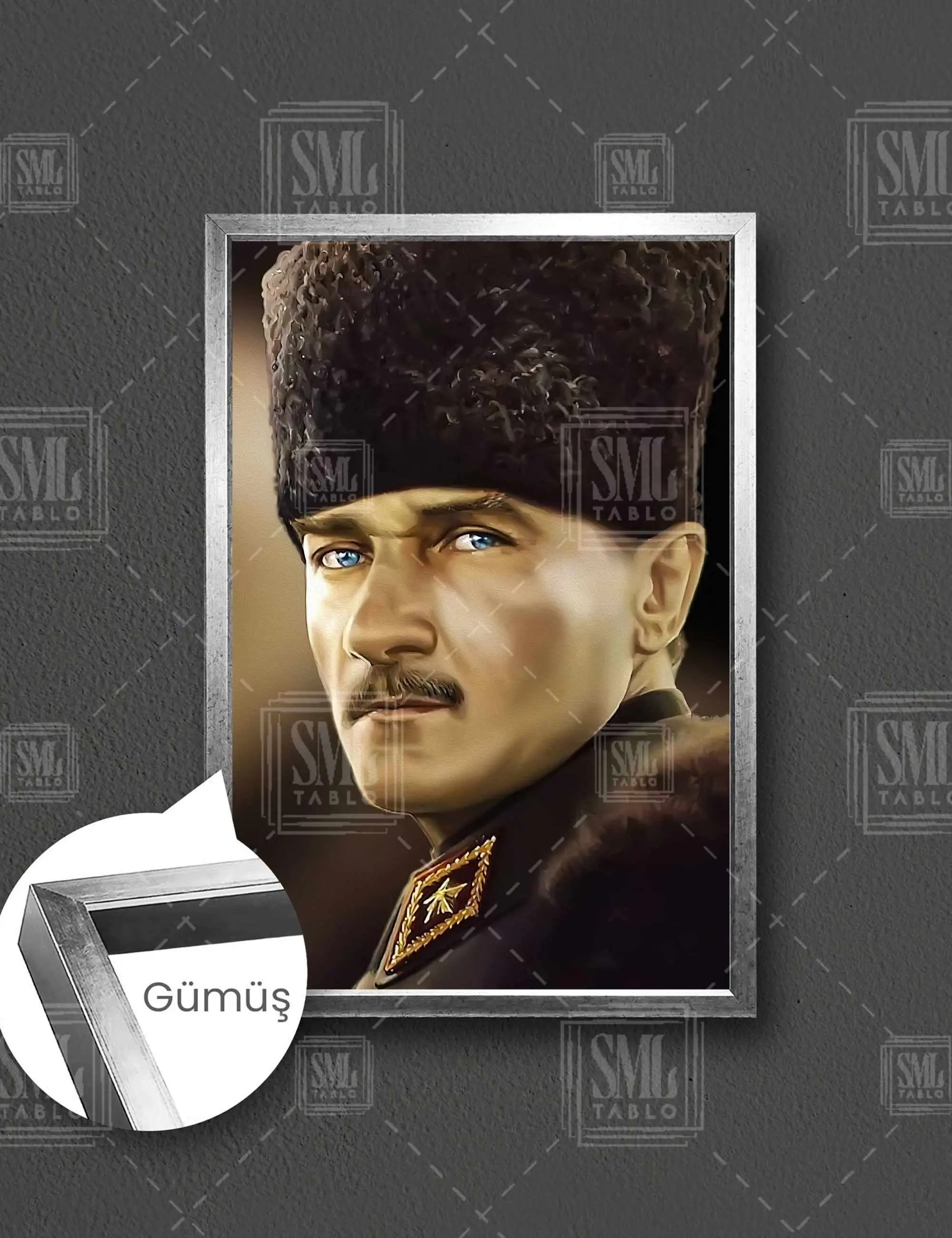 Kalpaklı Mustafa Kemal Atatürk Cesur Türk Çerçeveli Dikey Kanvas Tablo - Gümüş