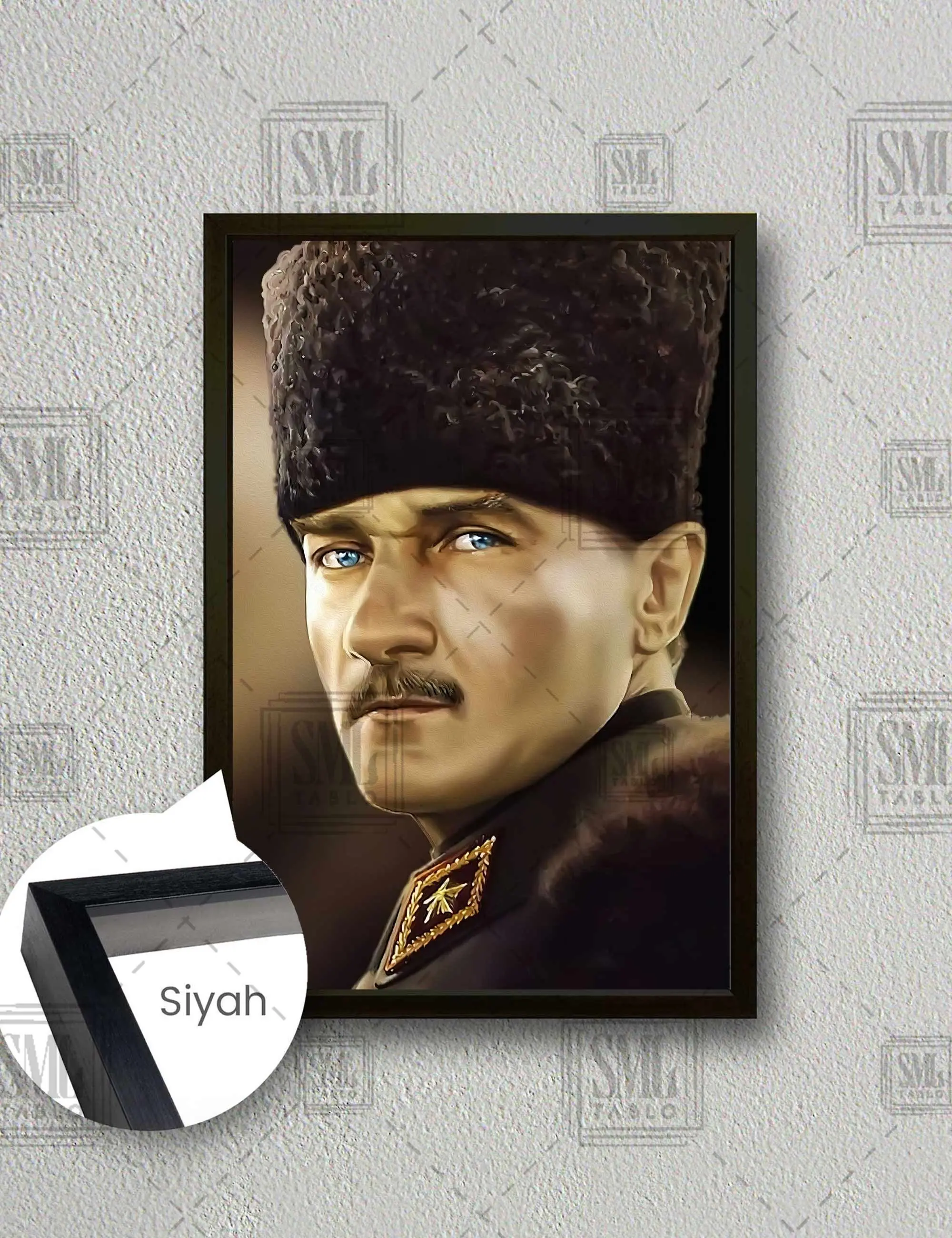 Kalpaklı Mustafa Kemal Atatürk Cesur Türk Çerçeveli Dikey Kanvas Tablo - Siyah