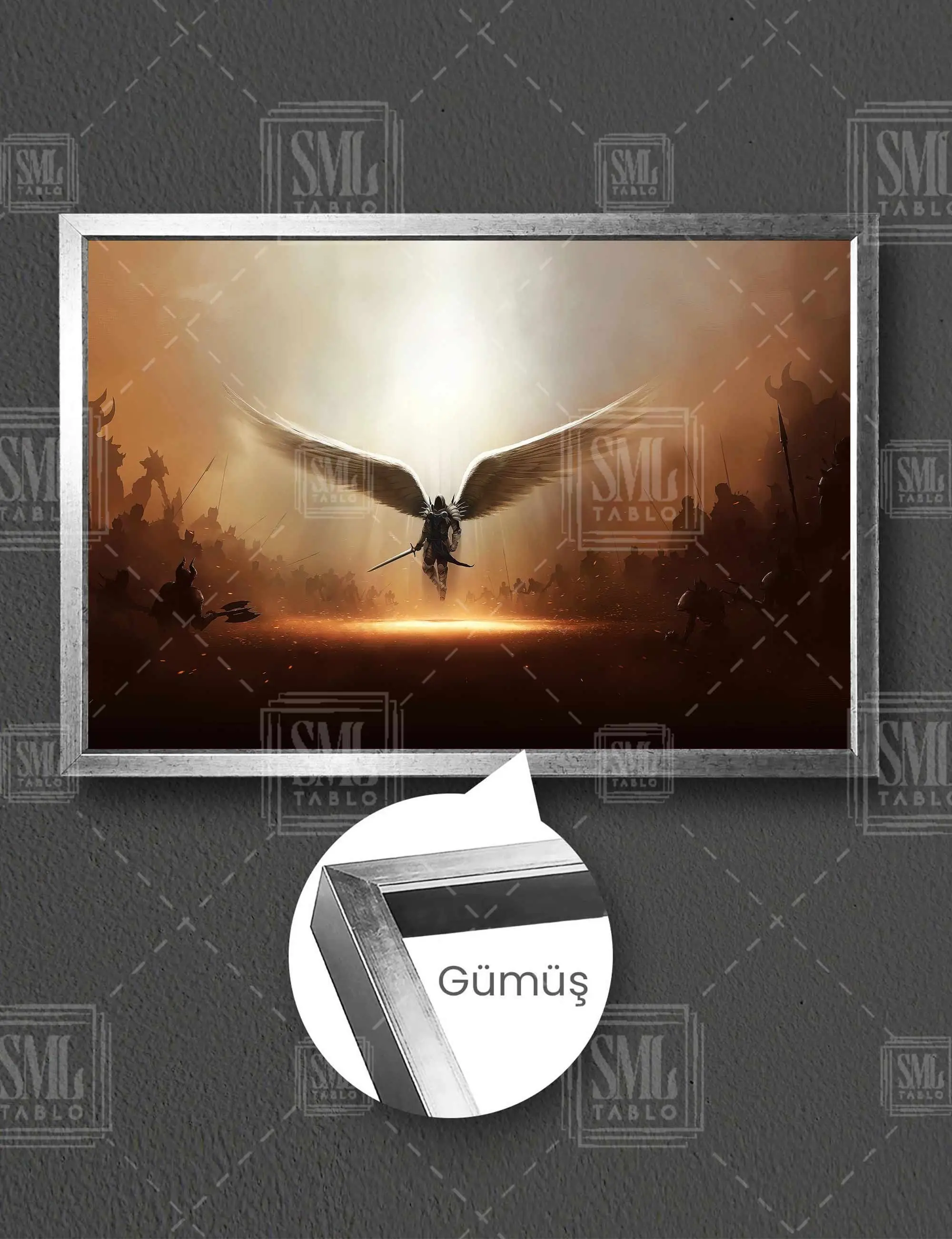 Kanatlarını Açmış Savaş Meleği Fantasy Gamer Çerçeveli Yatay Kanvas Tablo - Gümüş
