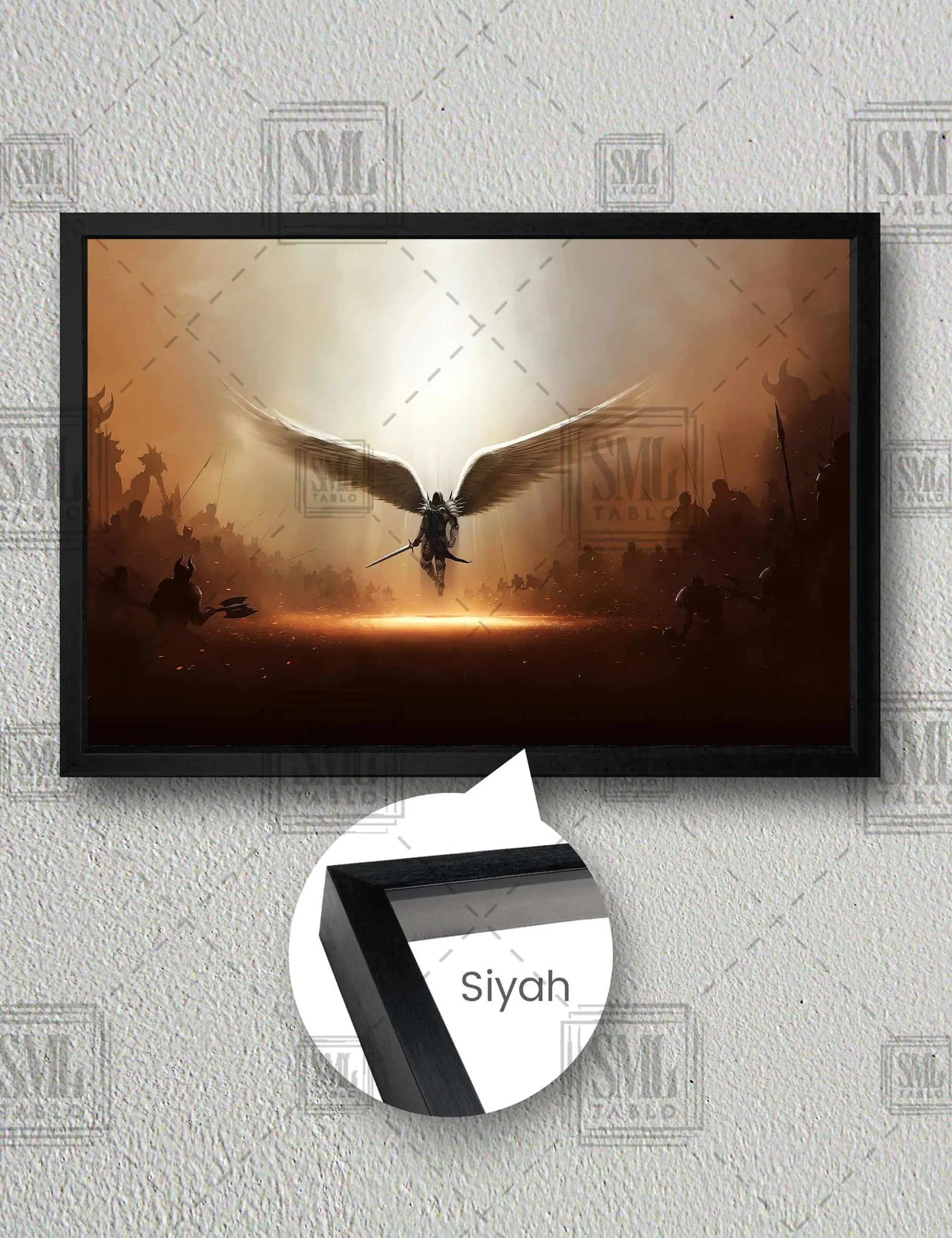 Kanatlarını Açmış Savaş Meleği Fantasy Gamer Çerçeveli Yatay Kanvas Tablo - Siyah
