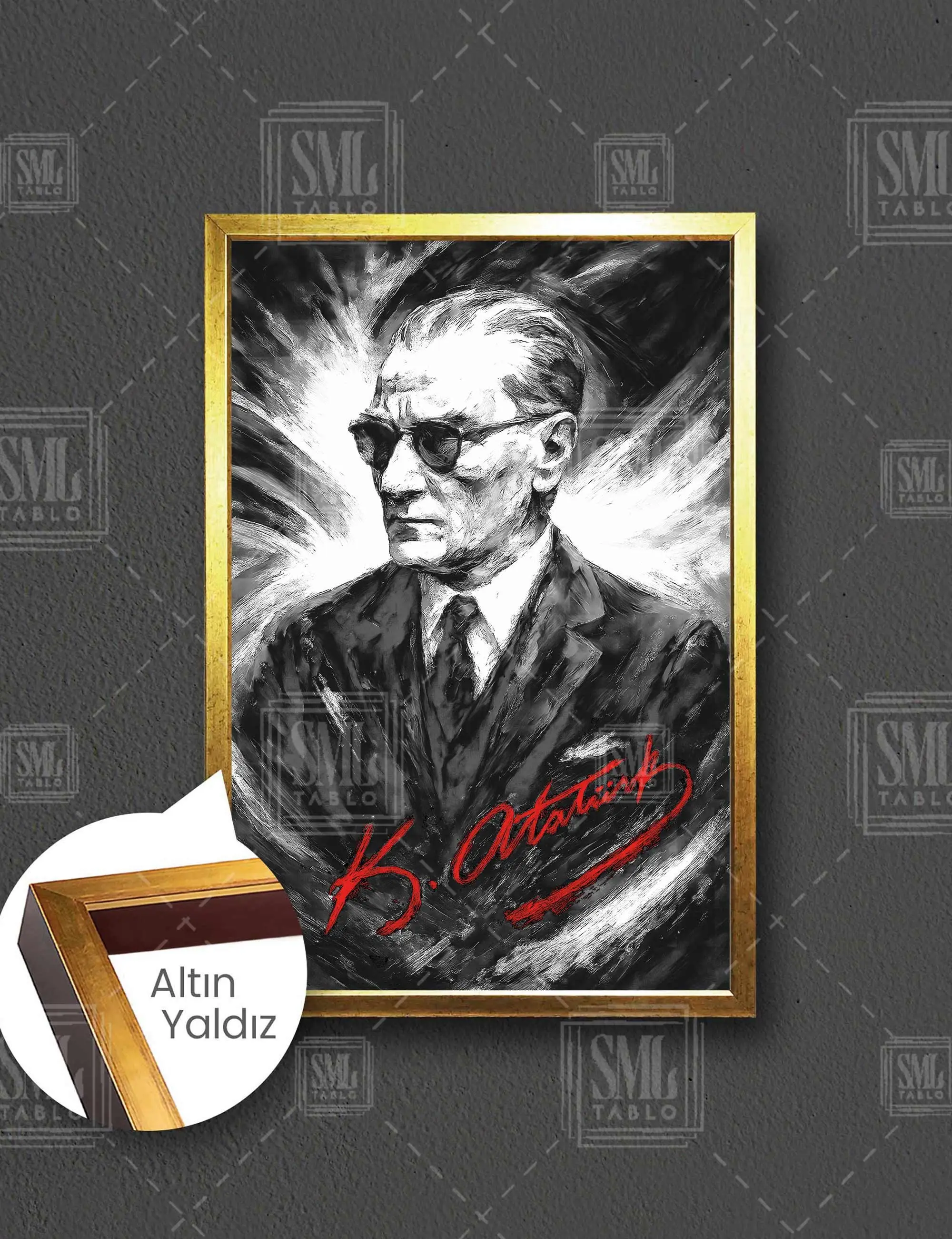Karizma Gözlüklü Mustafa Kemal Atatürk İmzalı Beşiktaş Kara Kartal Çerçeveli Dikey Kanvas Tablo