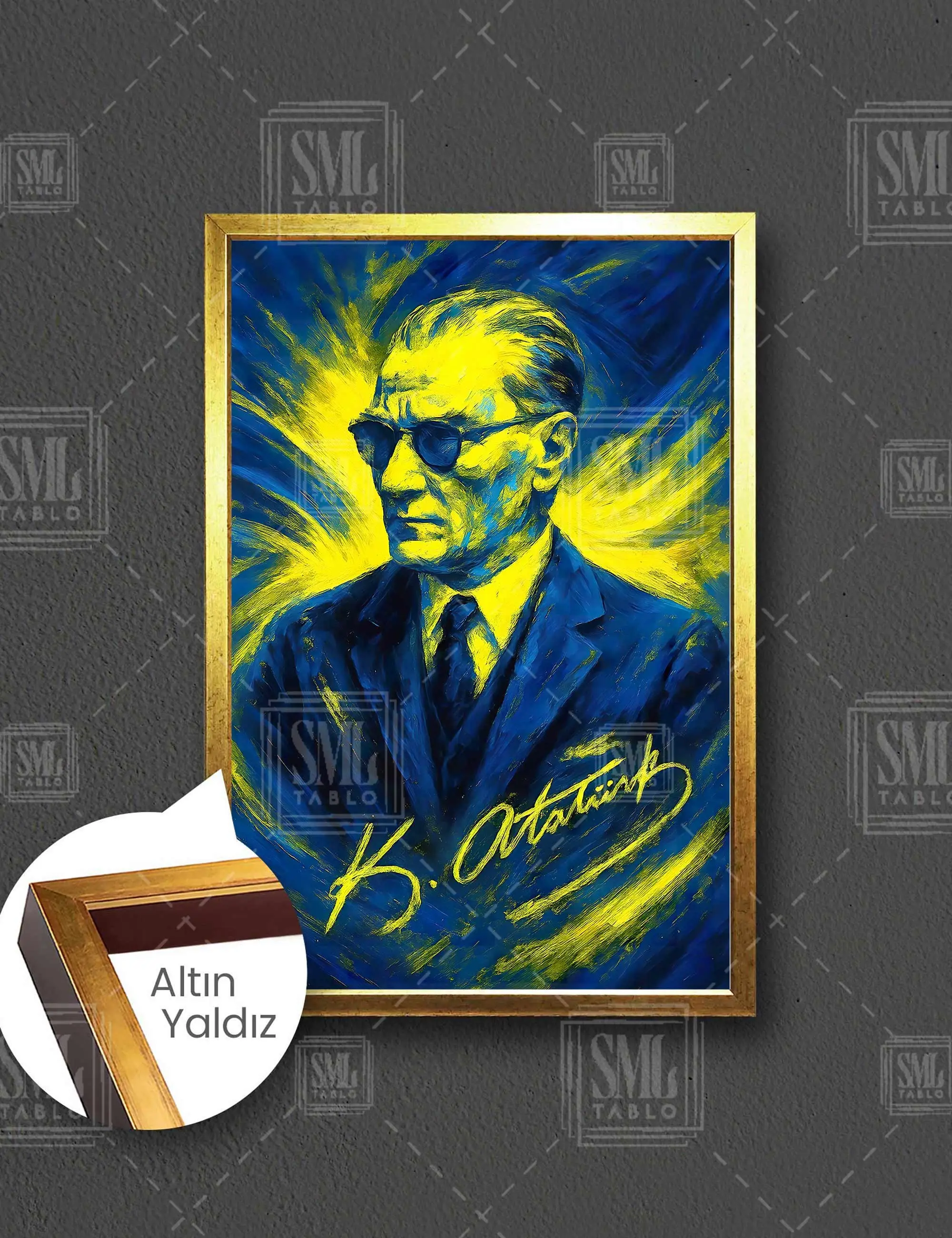 Karizma Gözlüklü Mustafa Kemal Atatürk İmzalı Fenerbahçe Sarı Kanarya Çerçeveli Dikey Kanvas Tablo
