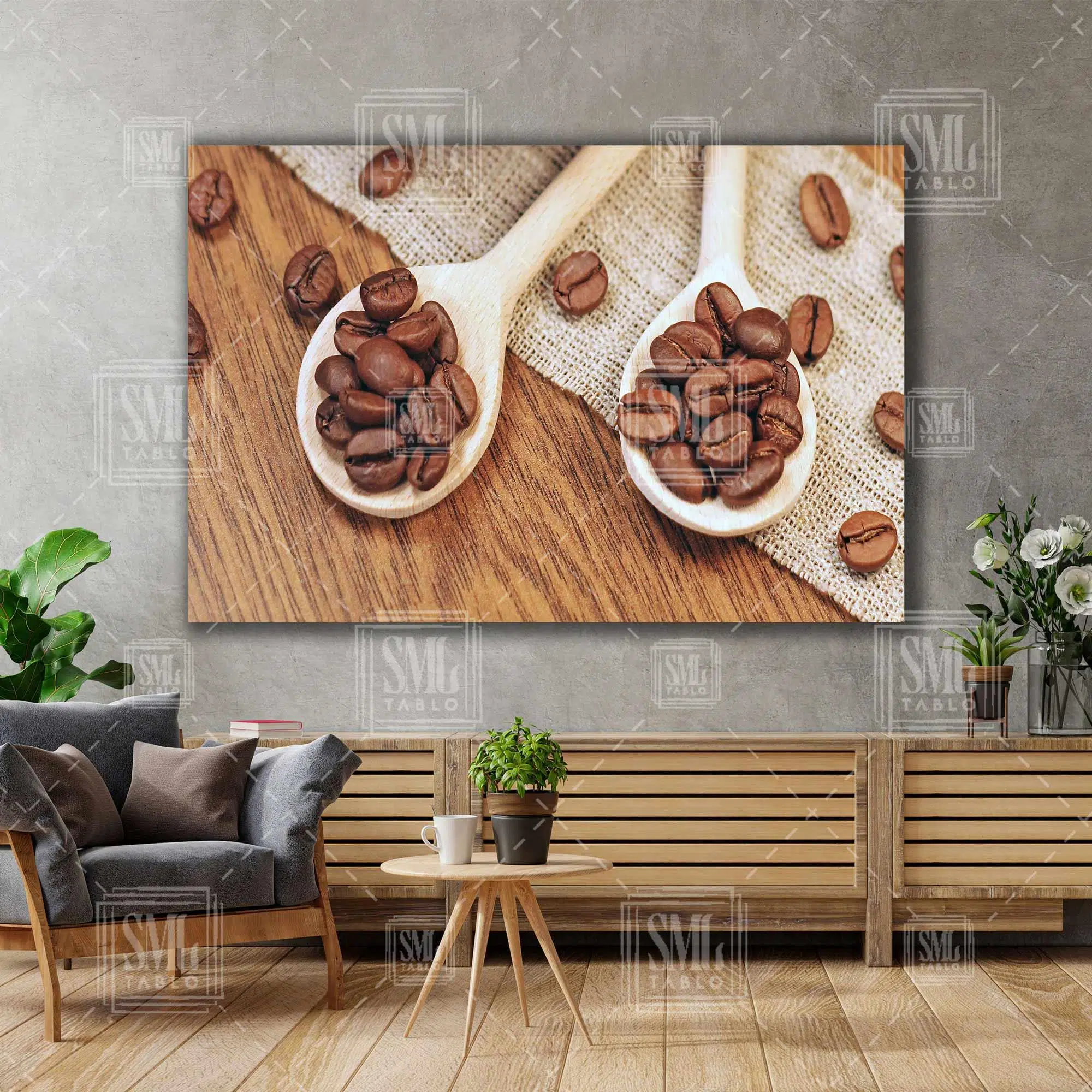 Kaşık Üzerindeki Kahve Çekirdekleri Mutfak Cafe Bar Dekor Yatay Kanvas Tablo