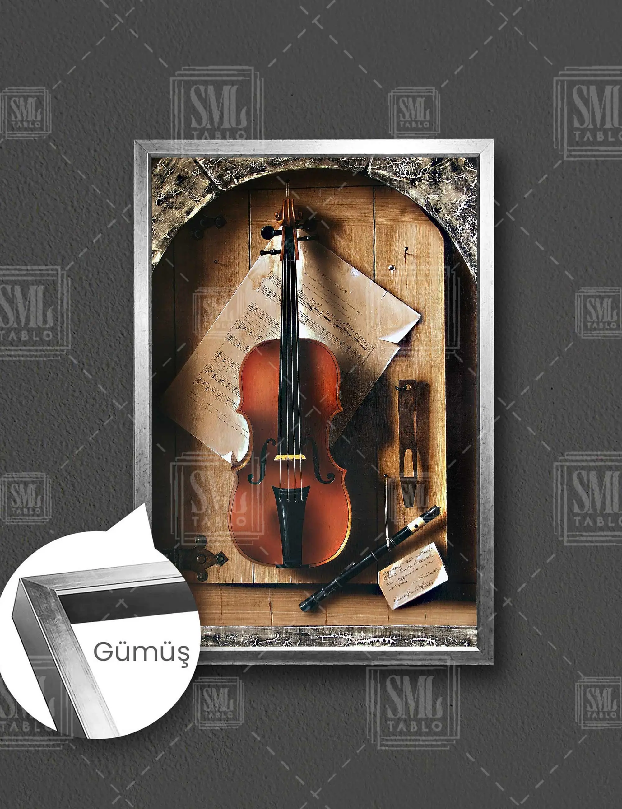 Keman ve Aksesuraları Nota Müzik Bilgisi Çerçeveli Dikey Kanvas Tablo - Gümüş