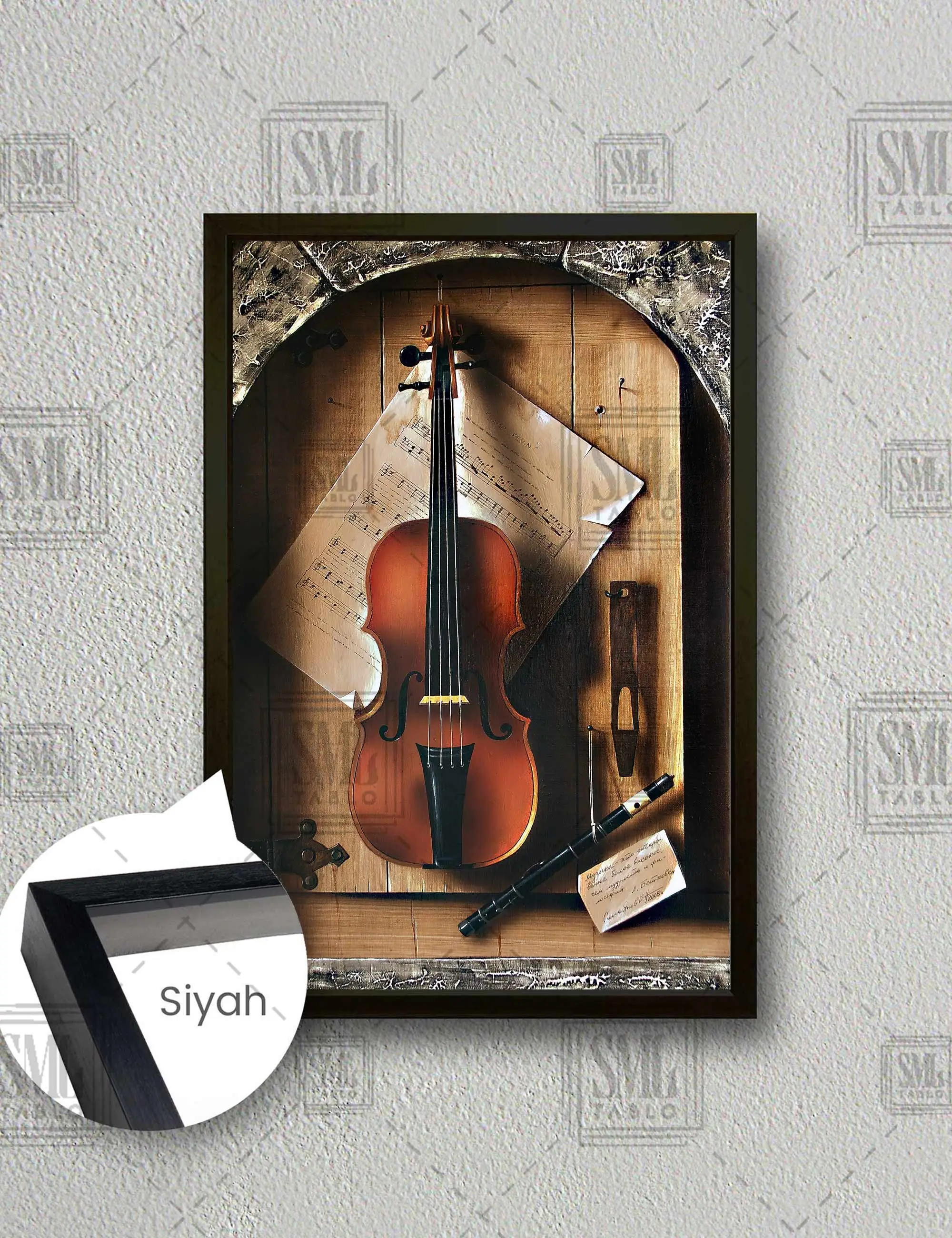 Keman ve Aksesuraları Nota Müzik Bilgisi Çerçeveli Dikey Kanvas Tablo - Siyah
