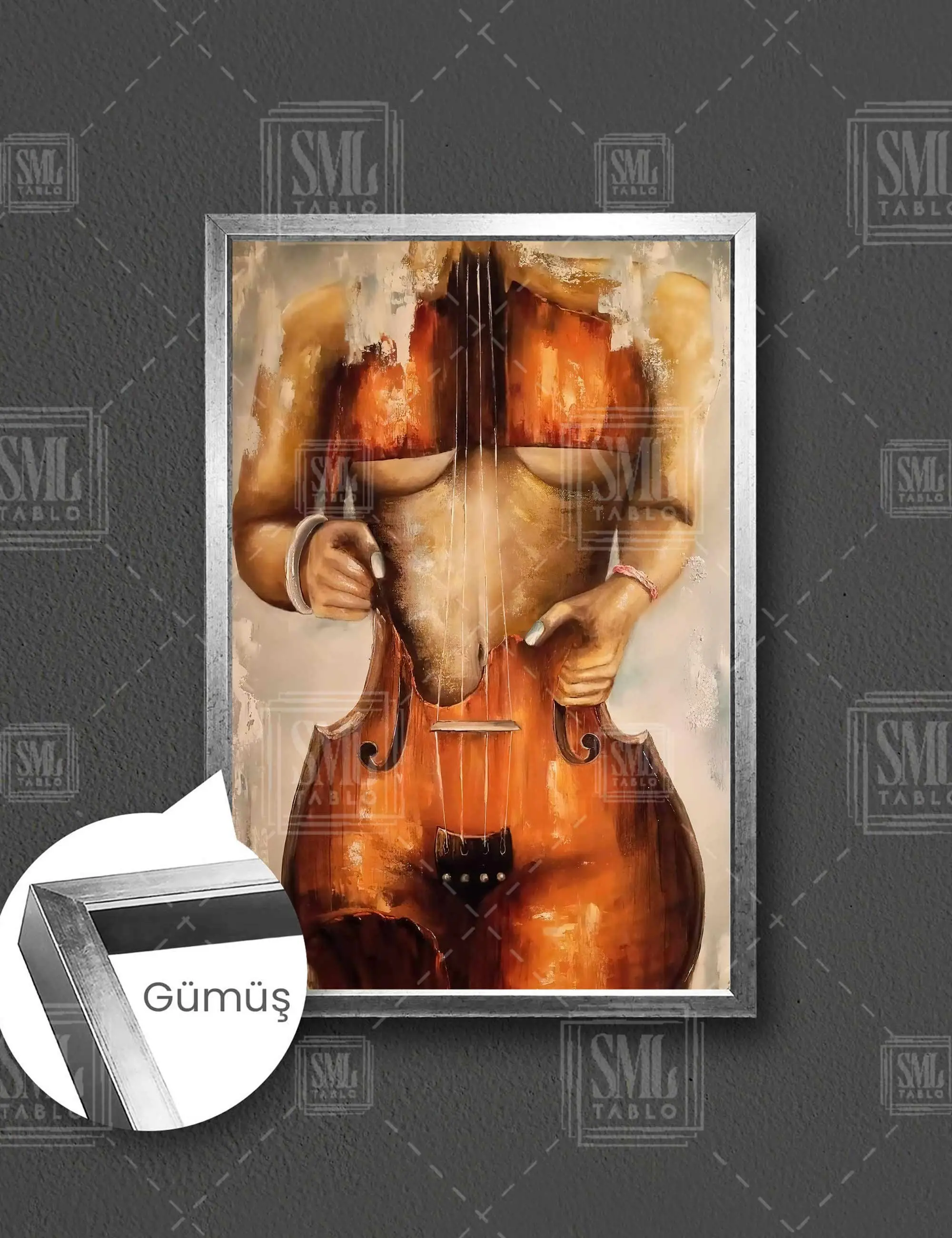 Keman ve Model Manipülasyon Müzik Sanatı Çerçeveli Dikey Kanvas Tablo - Gümüş