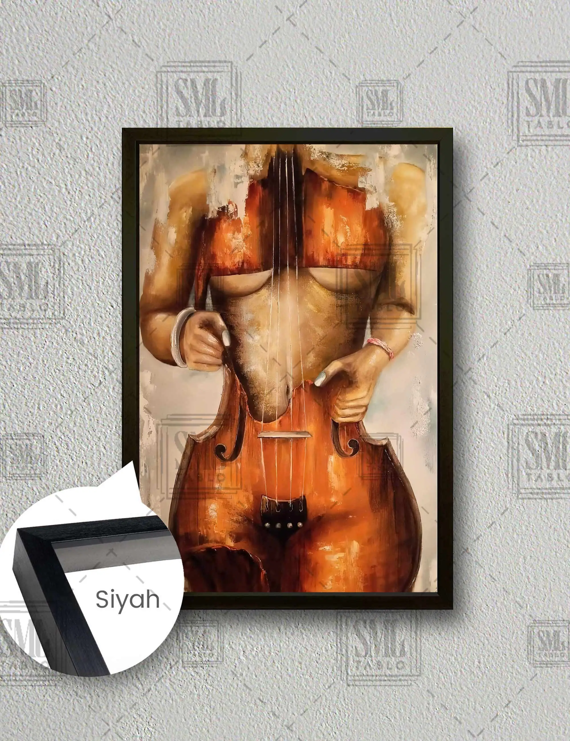 Keman ve Model Manipülasyon Müzik Sanatı Çerçeveli Dikey Kanvas Tablo - Siyah