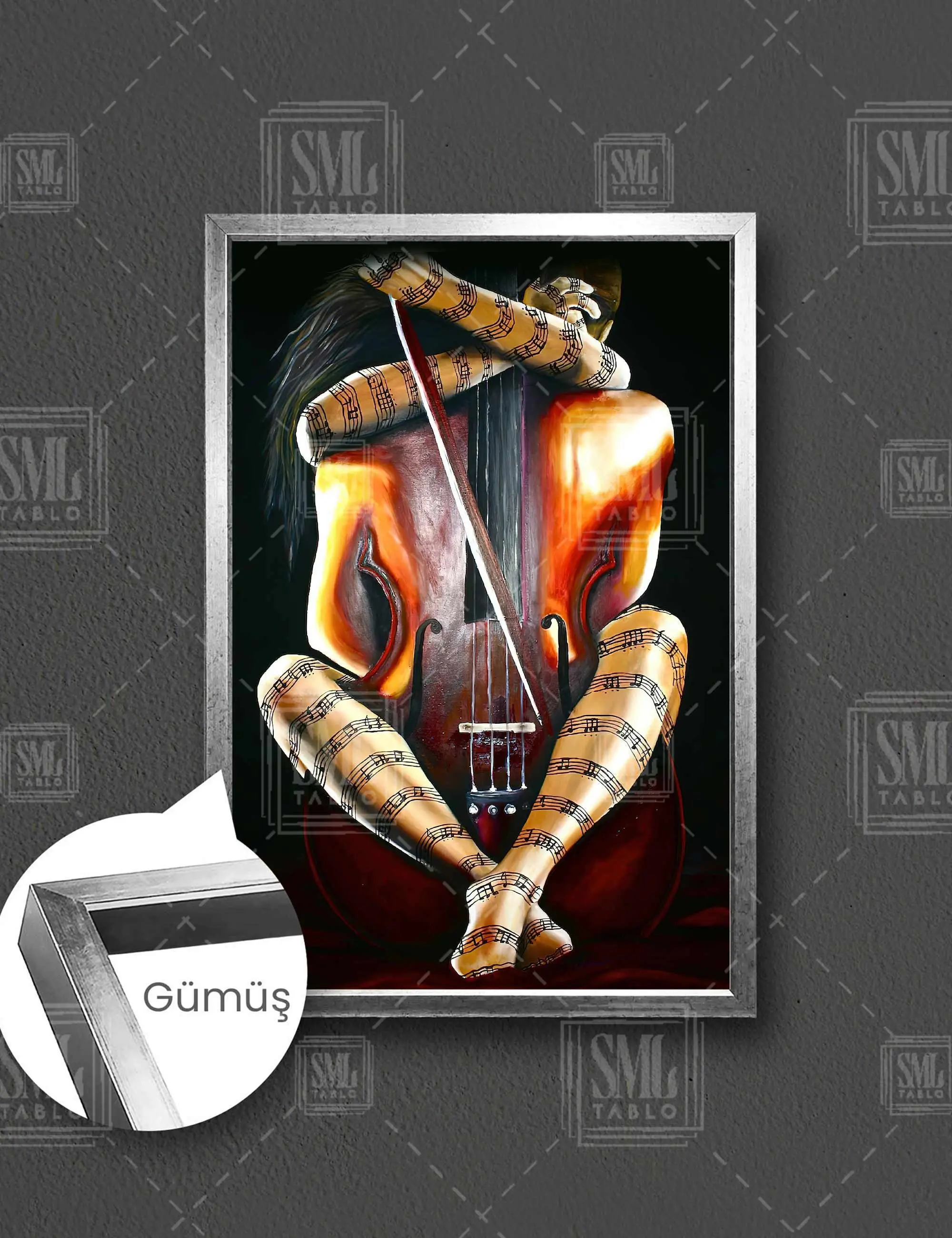 Kemana Sarıla Kadın Sanat Nota Müzik Aşkı Çerçeveli Dikey Kanvas Tablo - Gümüş