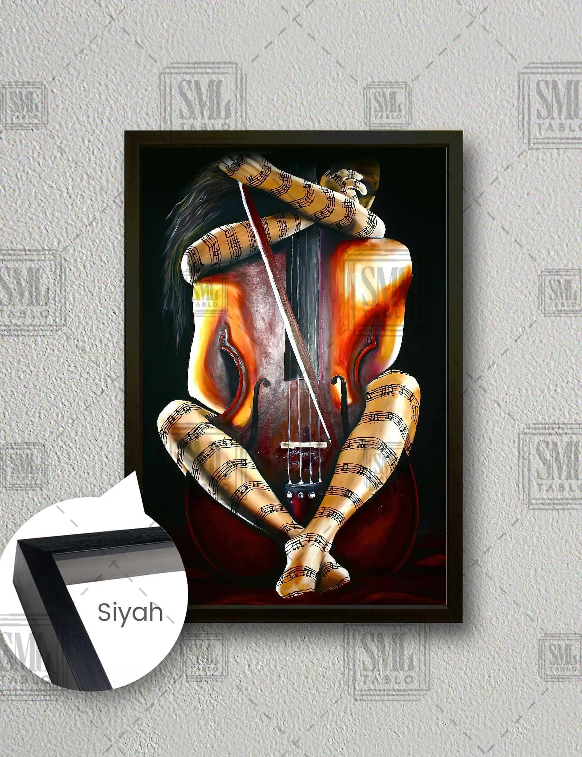 Kemana Sarıla Kadın Sanat Nota Müzik Aşkı Çerçeveli Dikey Kanvas Tablo - Siyah