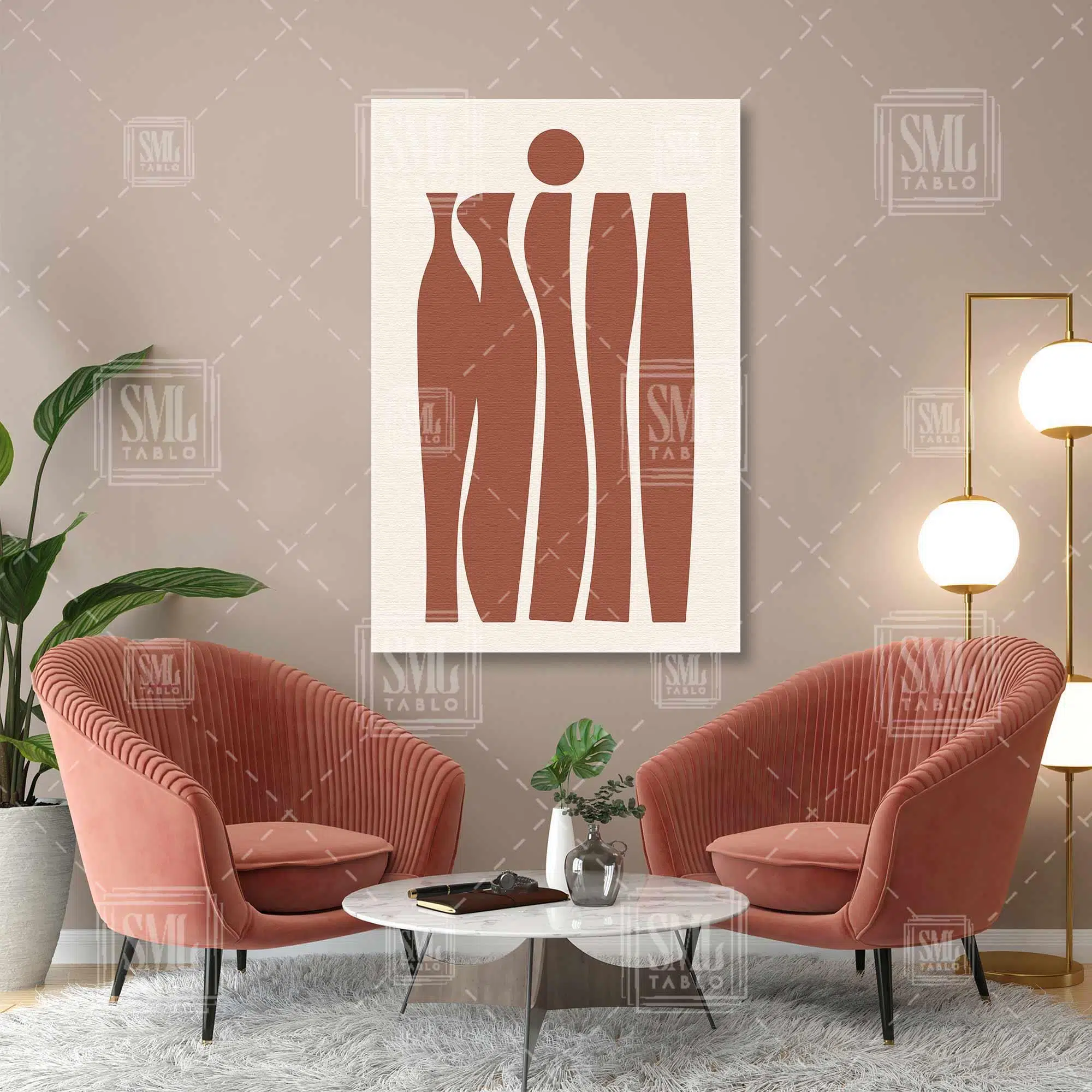 Kiremit Rengi Düzensiz Form Üzerinde Yuvarlak Geometrik Boho Dikey Kanvas Tablo