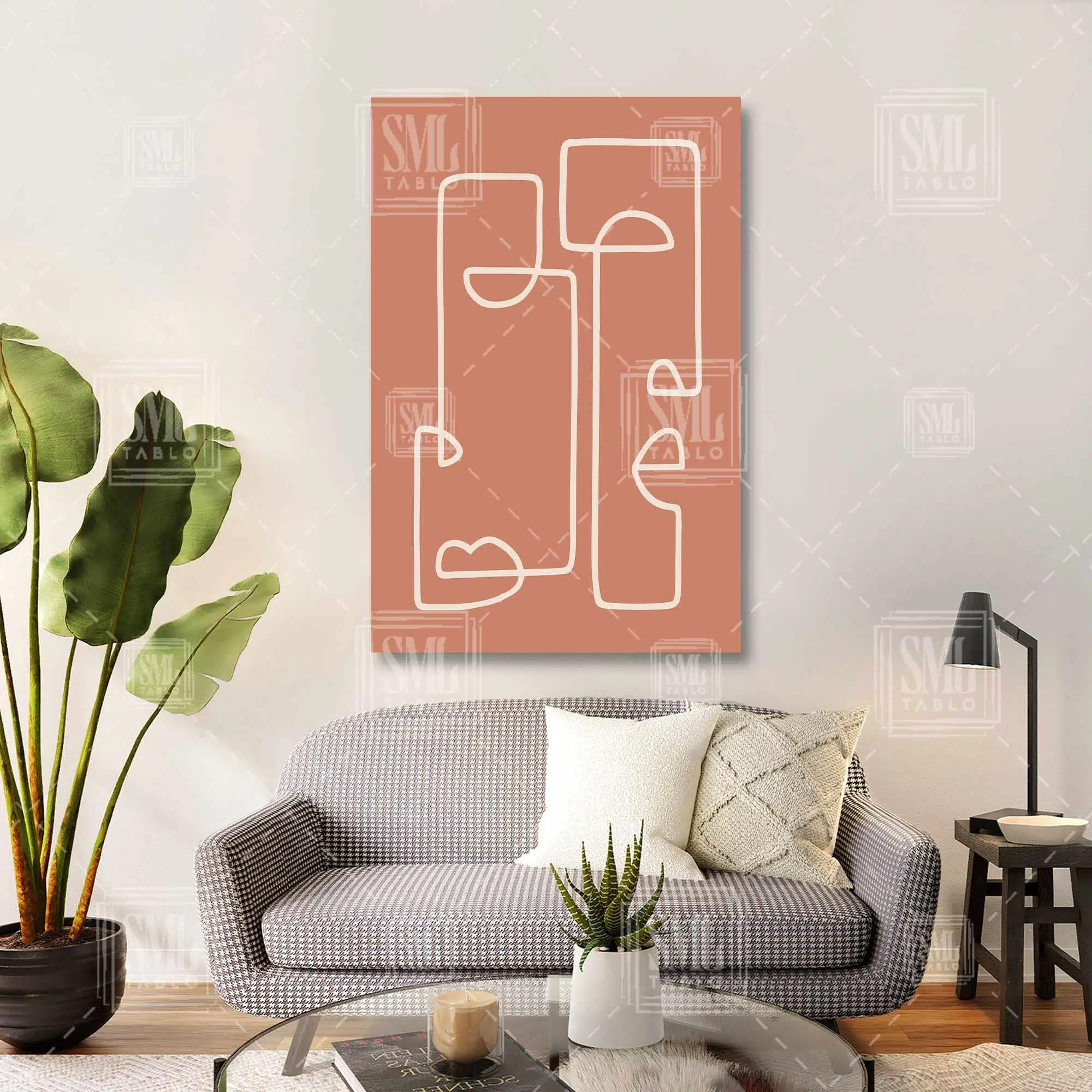 Kiremit Rengi Fonlu Çizgi Minimal İki İnsan Yüzü Heykel Minimal Boho Dikey Kanvas Tablo