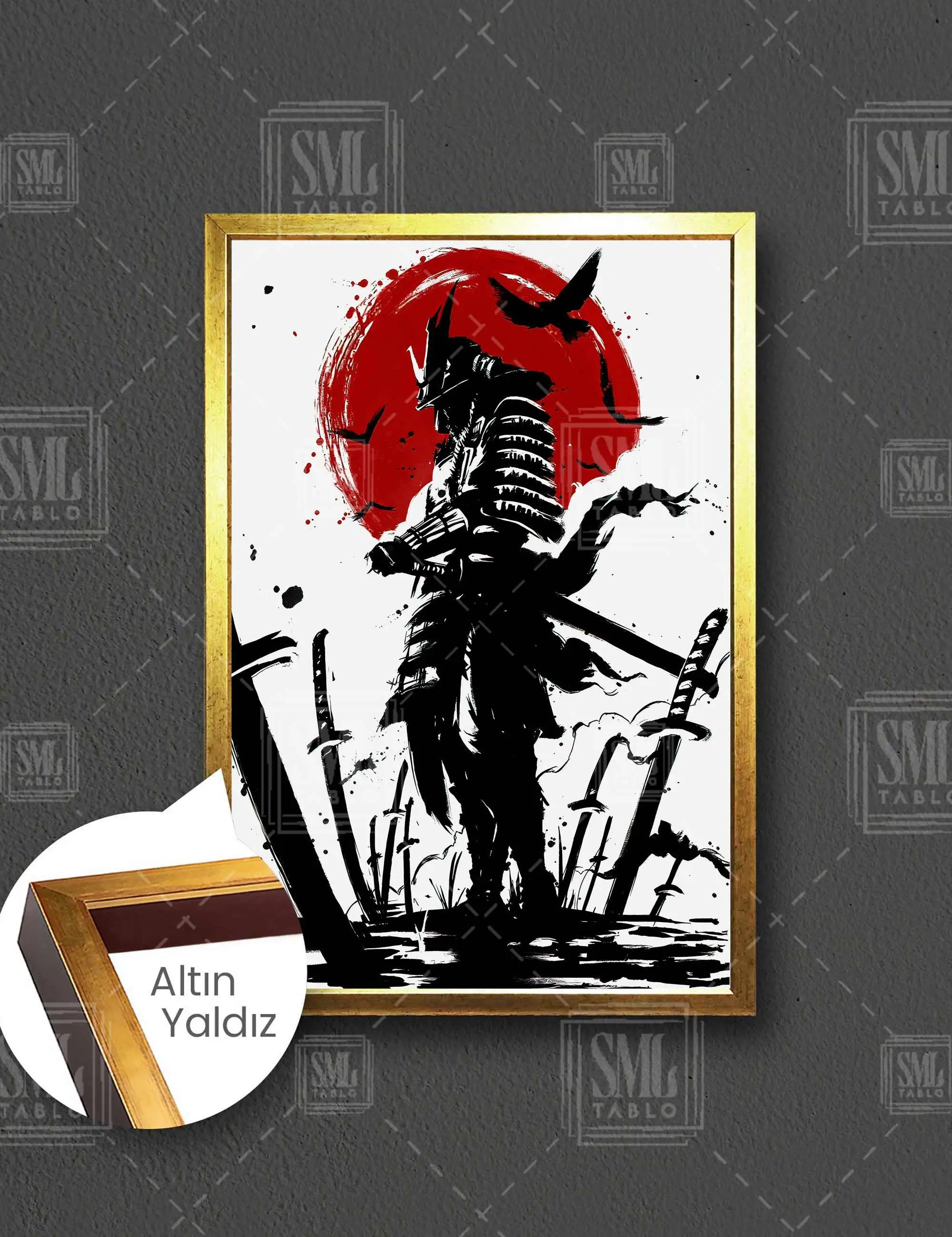 Kırmızı Ay ve Kılıç Samuray Kılıcı Japanese Samurai Uzak Doğu Savunma Sanatları Çerçeveli Dikey Kanvas Tablo