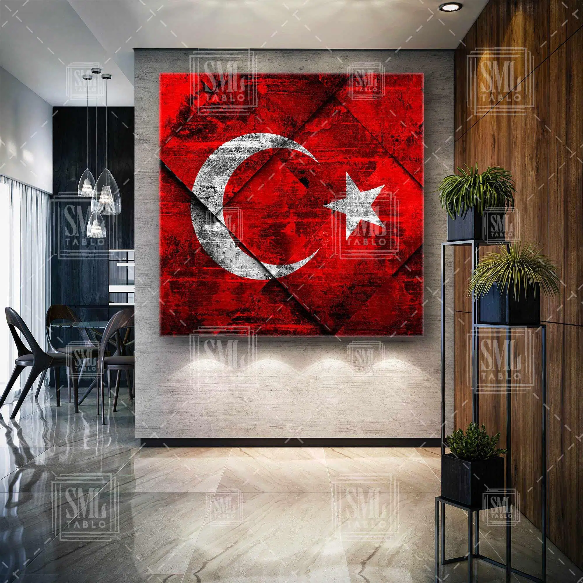 Kırmızı Beyaz Ay Yıldızlı Türk Bayrağı Kare Kanvas Tablo