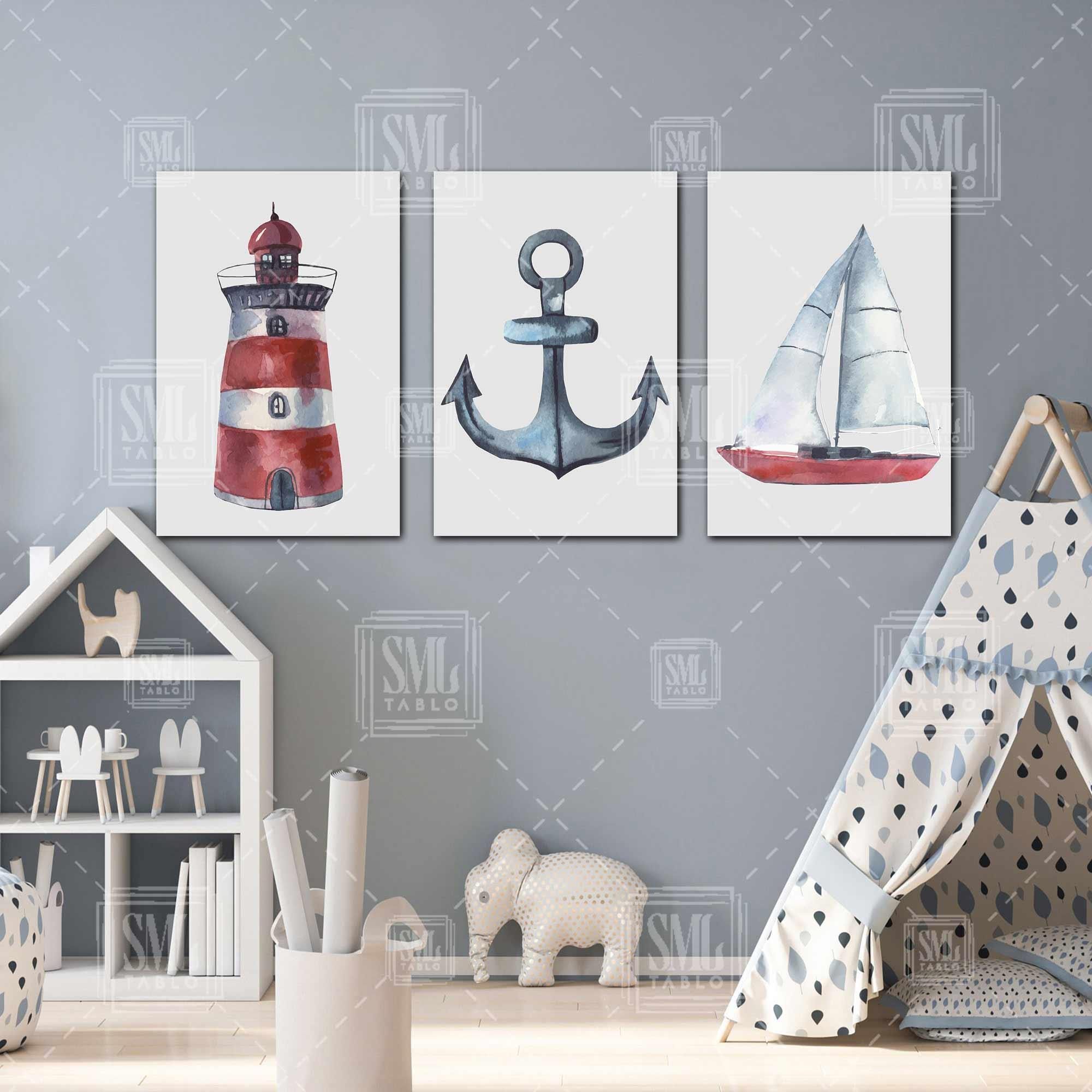 Kırmızı Deniz Feneri Yelkenli Gemi Çapası Çocuk Odası Dekor Üçlü Kombin 3 lü Set Kanvas Tablo Kırmızı Deniz Feneri Yelkenli Gemi Çapası Çocuk Odası Dekor Üçlü Kombin 3 lü Set Kanvas Tablo