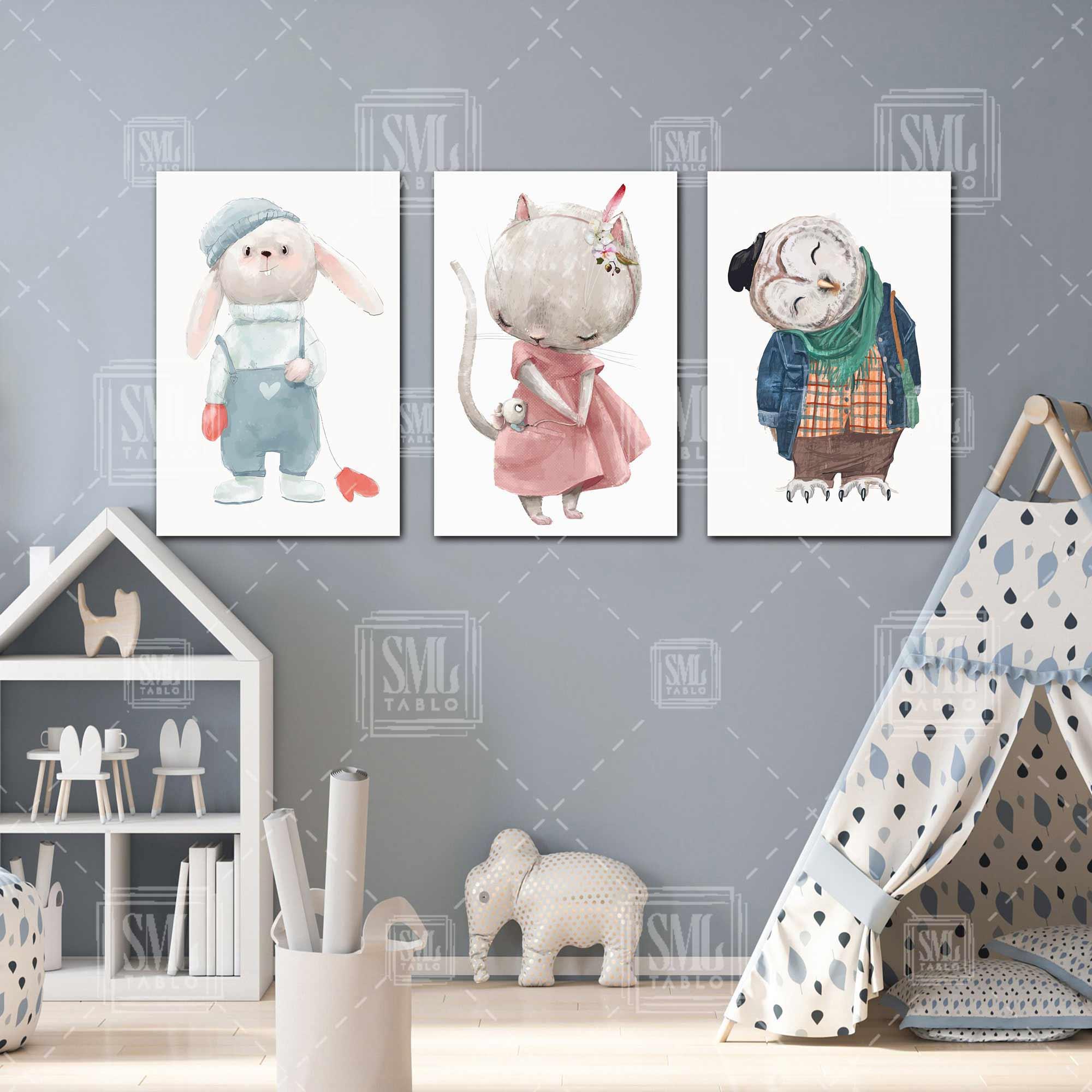 Kırmızı Eldivenli Tavşan Baykuş Elbiseli Kedi Çocuk Odası Dekor Üçlü Kombin 3 lü Set Kanvas Tablo Kırmızı Eldivenli Tavşan Baykuş Elbiseli Kedi Çocuk Odası Dekor Üçlü Kombin 3 lü Set Kanvas Tablo