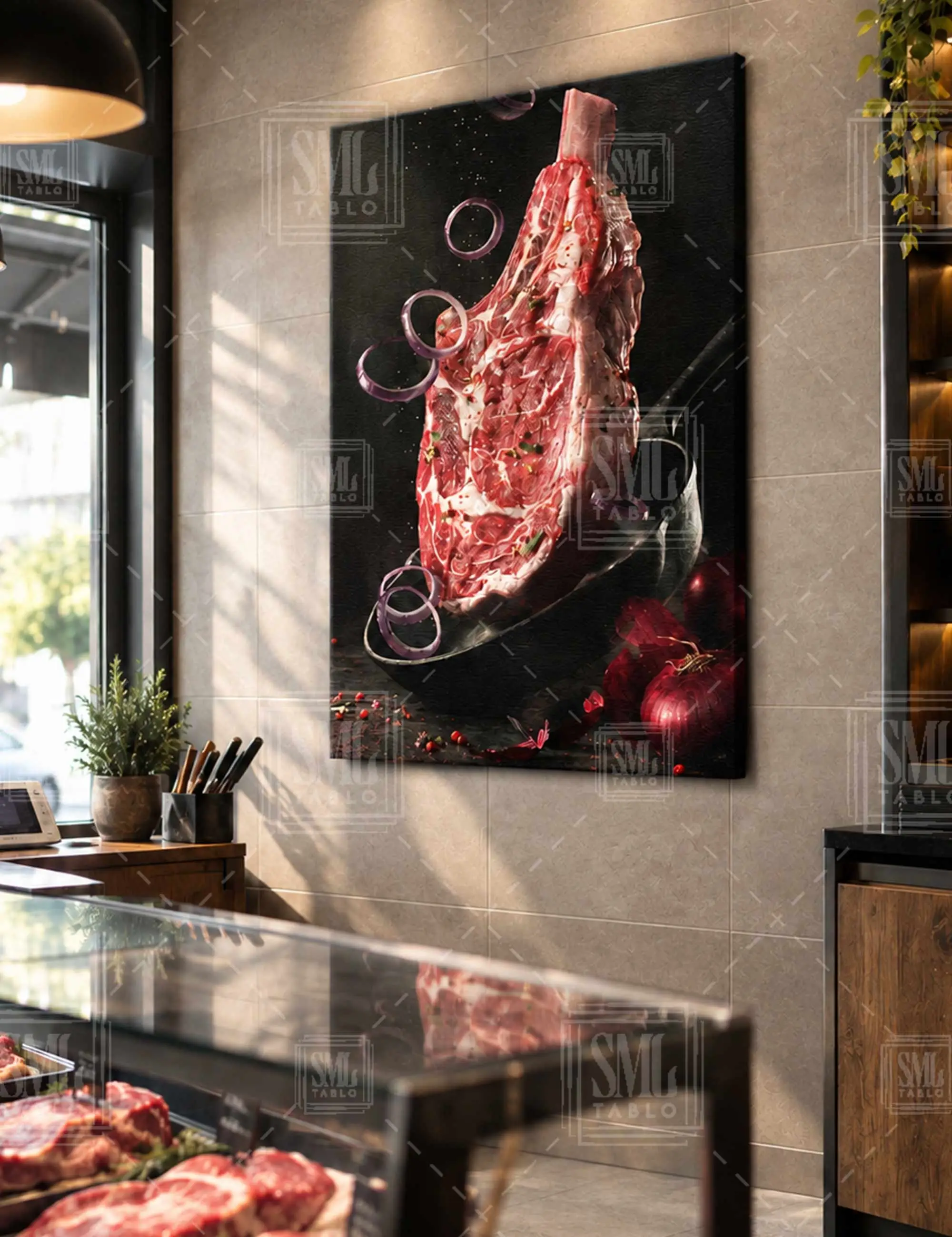 Kırmızı Et Restaurant Dekor Kasap Dükkanı Dikey Kanvas Tablo