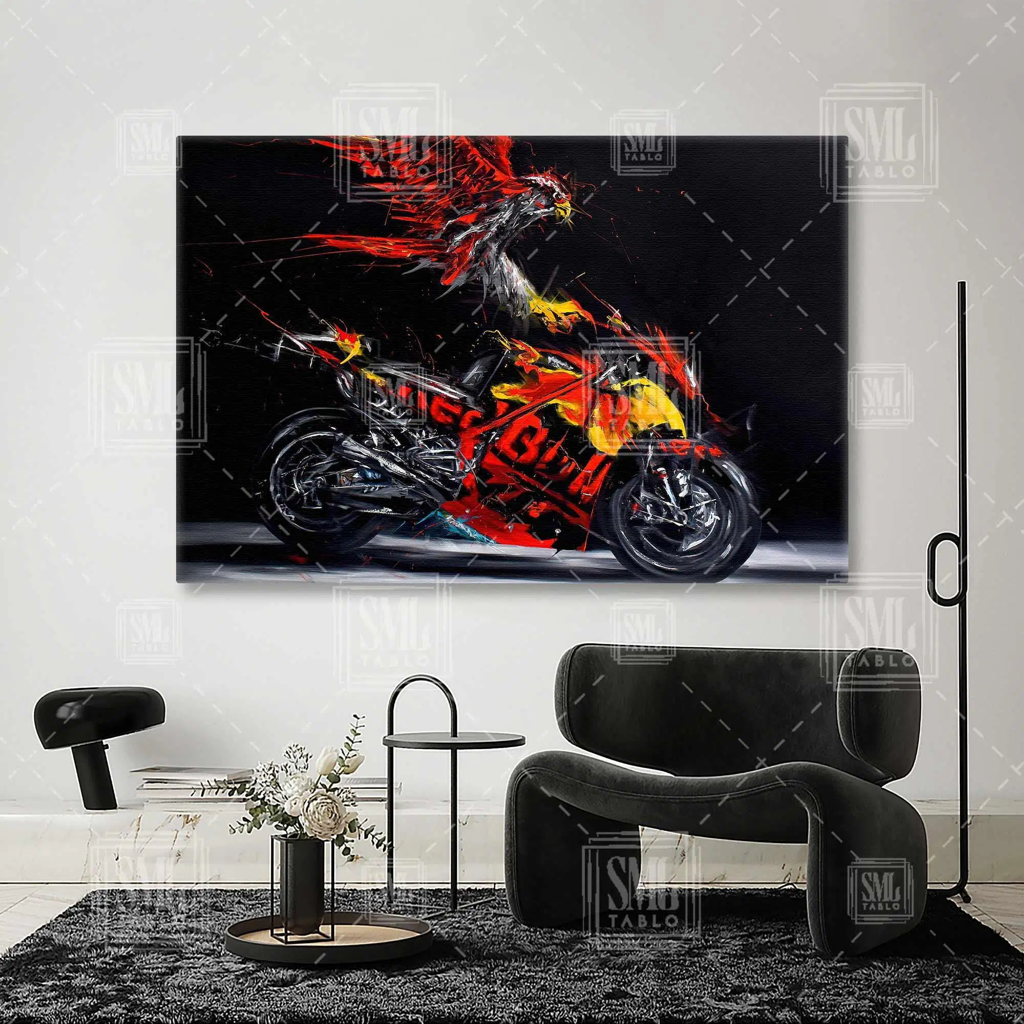 Kırmızı Kanatlı Kartal Ve Motorsiklet Hız Tutkusu Yatay Kanvas Tablo