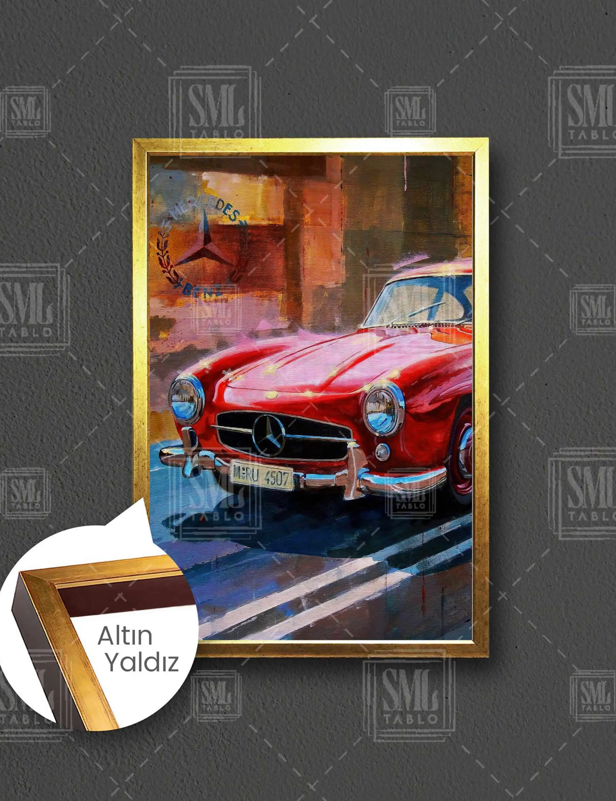 Kırmızı Klasik Araba Yağlı Boya Efekti Mercedes Benz 300 SL Çerçeveli Dikey Kanvas Tablo