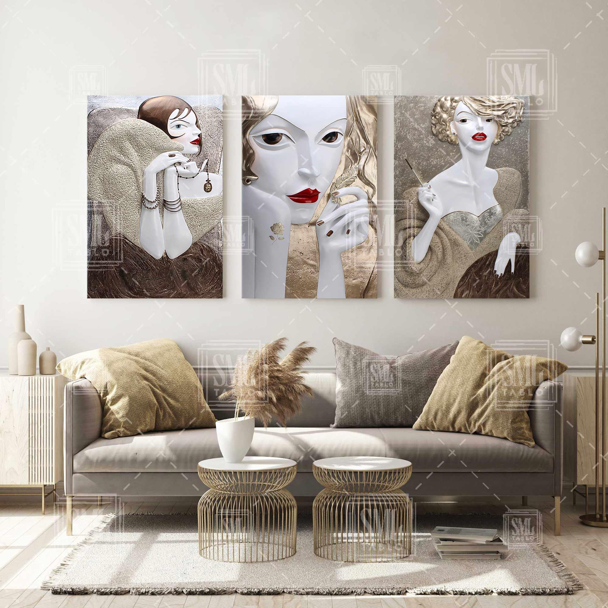 Kırmızı Rujlu Altın Porselen Kadınlar Kolye Makyaj Modern Üçlü Kombin 3 lü Set Kanvas Tablo Kırmızı Rujlu Altın Porselen Kadınlar Kolye Makyaj Modern Üçlü Kombin 3 lü Set Kanvas Tablo
