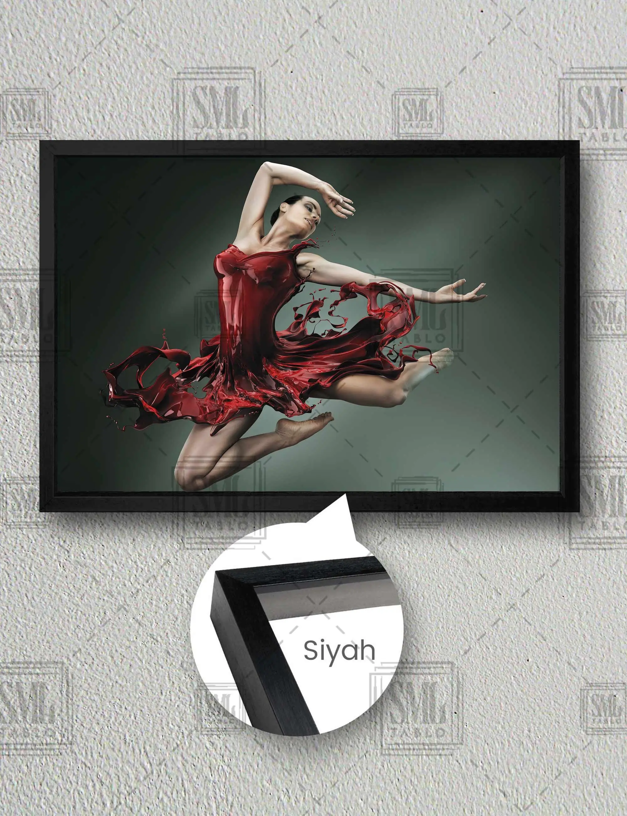 Kırmızı Sıvı Elbiseli Kadın Sexy Balerin Dans Sanat Çerçeveli Yatay Kanvas Tablo - Siyah