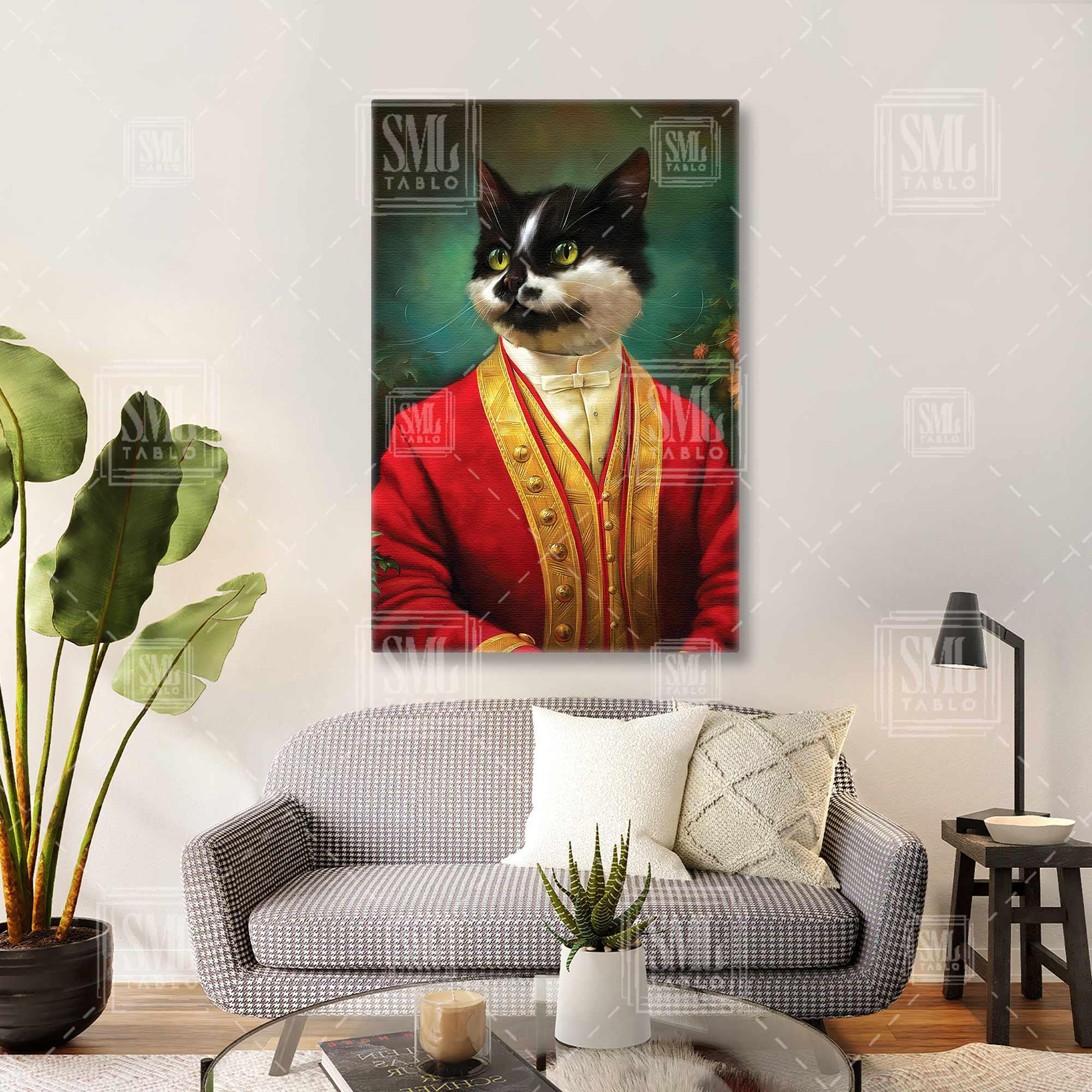 Kırmızı Vintage Takım Elbiseli Kedi Portresi Dikey Kanvas Tablo Kırmızı Vintage Takım Elbiseli Kedi Portresi Dikey Kanvas Tablo