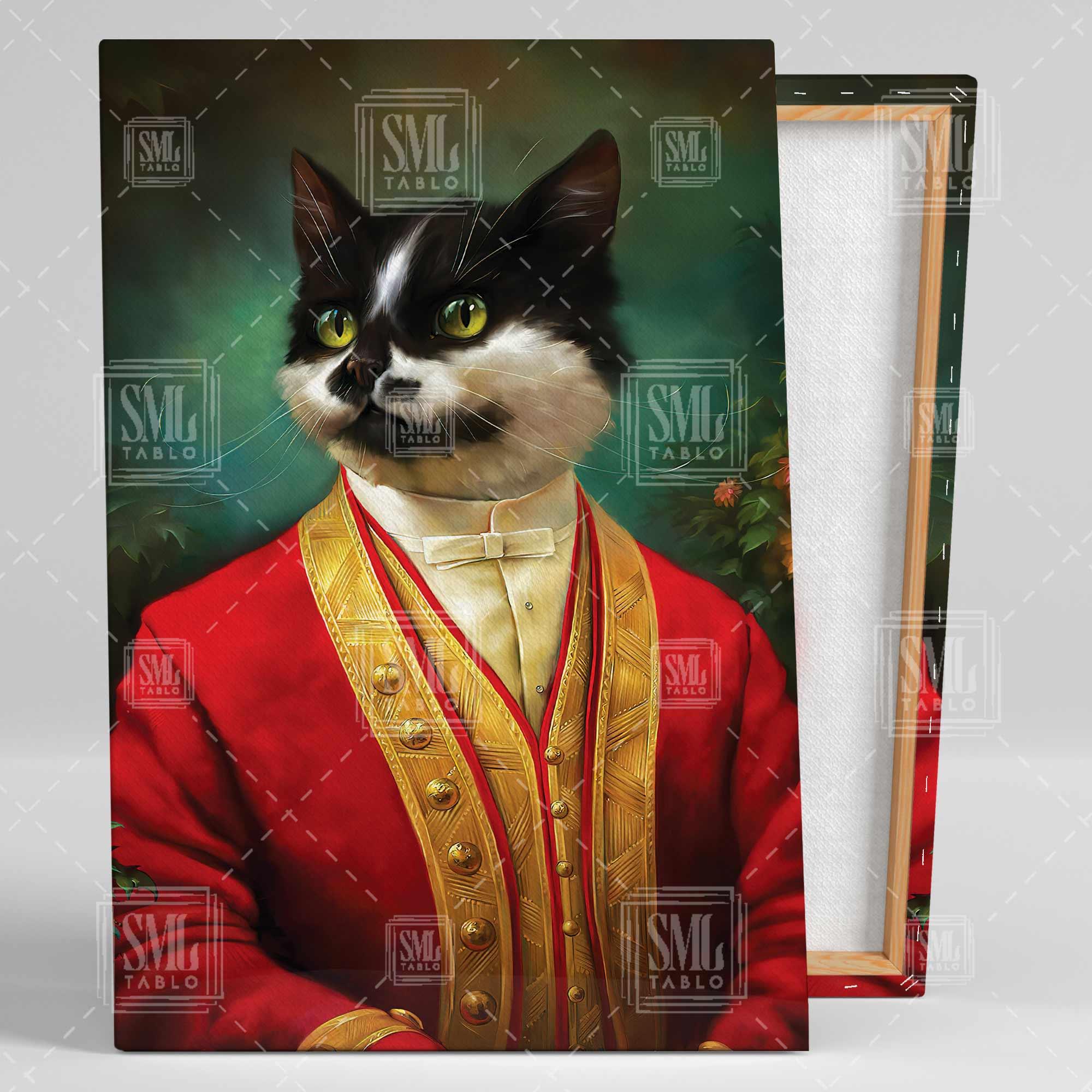 Kırmızı Vintage Takım Elbiseli Kedi Portresi Dikey Kanvas Tablo Kırmızı Vintage Takım Elbiseli Kedi Portresi Dikey Kanvas Tablo