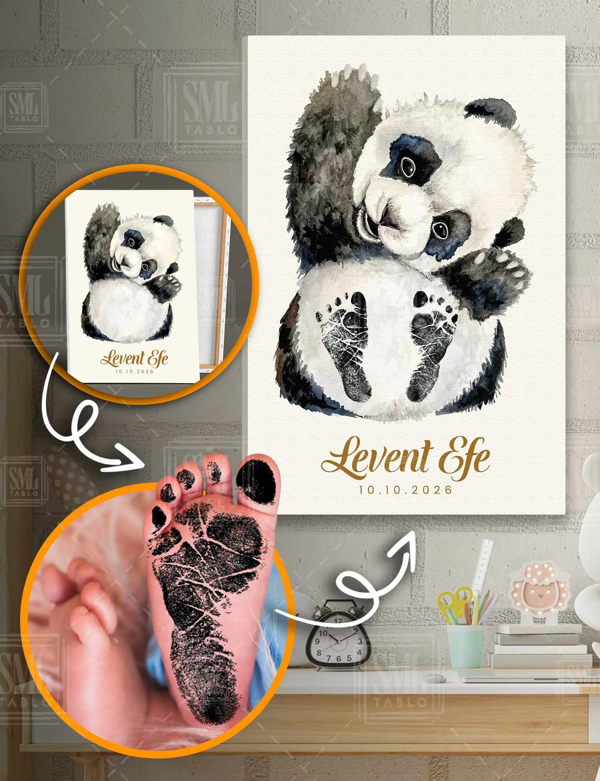 Kişiye Özel Bebek Ayak İzi Ayıcık Panda Ayakizi İsim ve Tarihli Adına Özel Yeni Doğan Kanvas Tablo