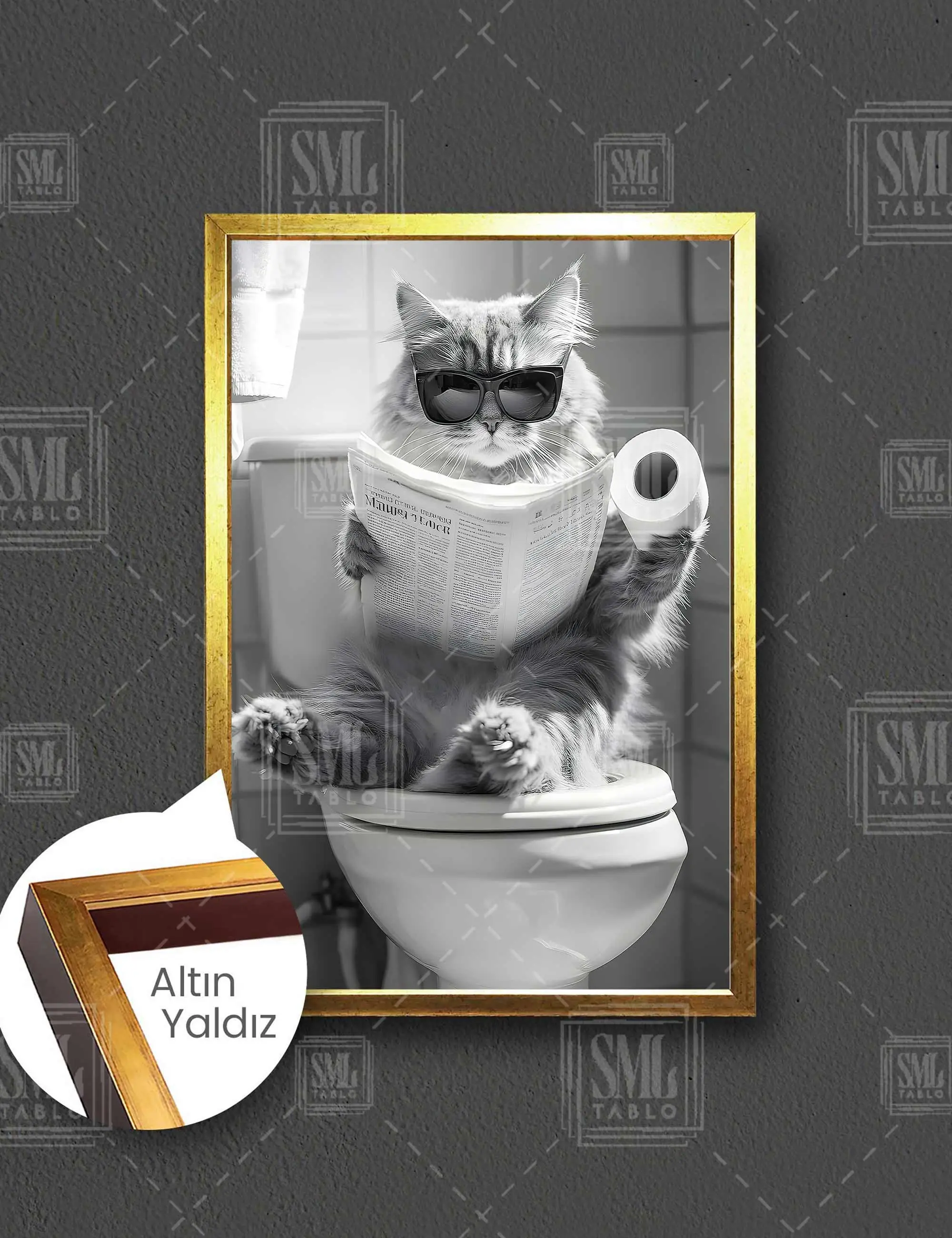 Klozette Gazete Okuyan Gözlüklü Kedi Banyo Tuvalet Dekor Çerçeveli Dikey Kanvas Tablo