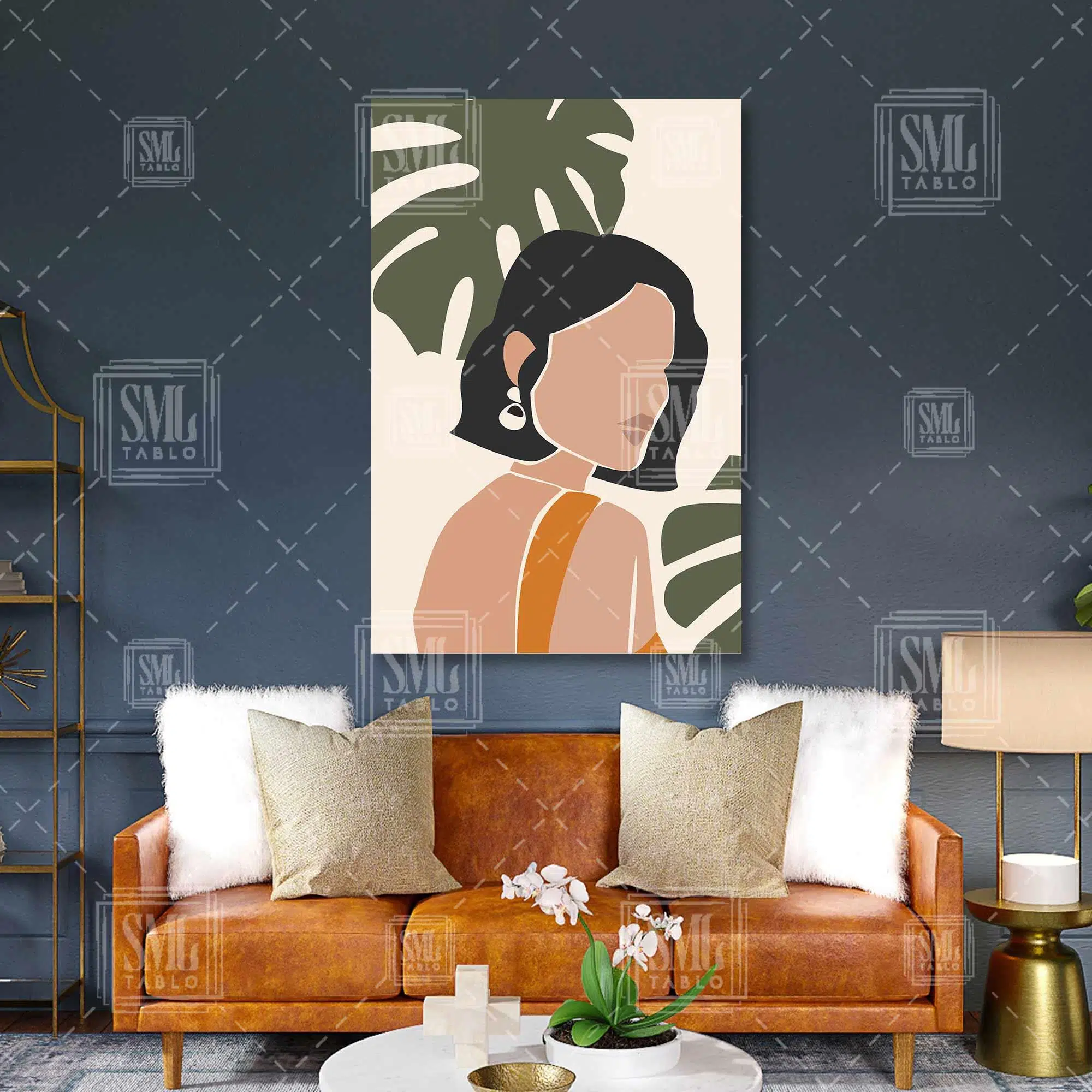 Küt Saçlı Küpeli Kız Ve Büyük Yeşil Yapraklı Bitki Boho Minimal Dikey Kanvas Tablo
