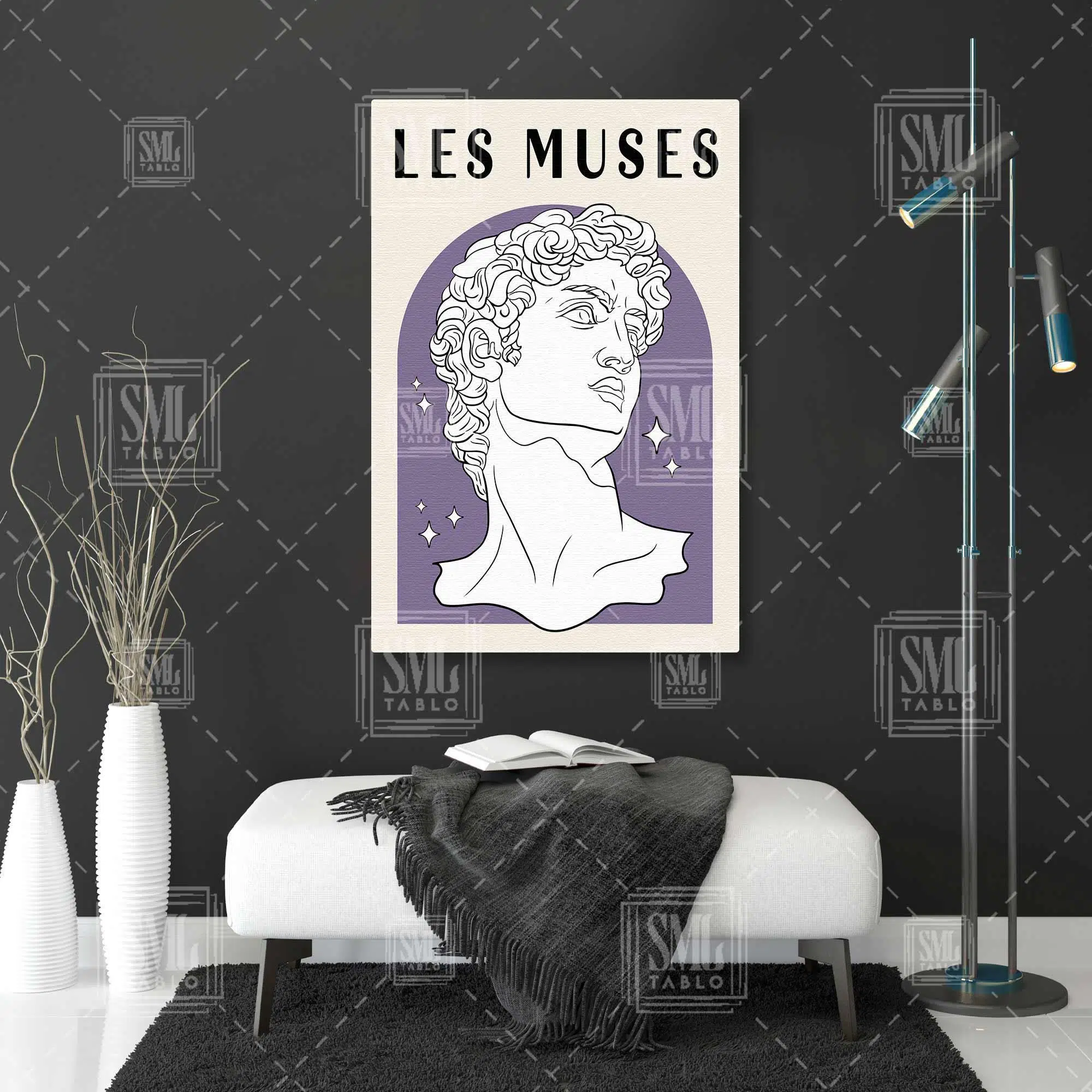 Les Muses Kirişli Mor Davud Heykeli Minimal Dikey Kanvas Tablo