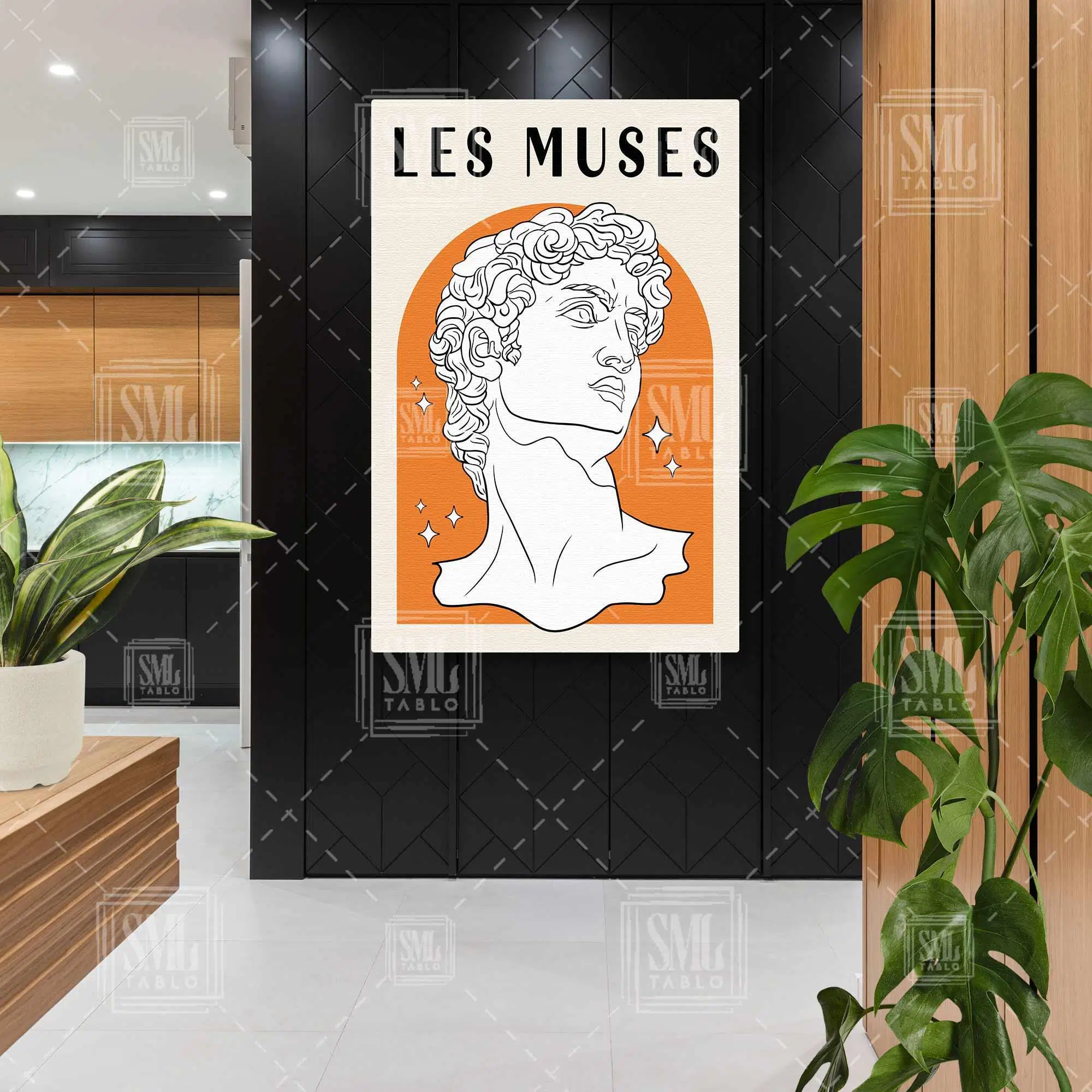 Les Muses Kirişli Turuncu Davud Heykeli Minimal Dikey Kanvas Tablo