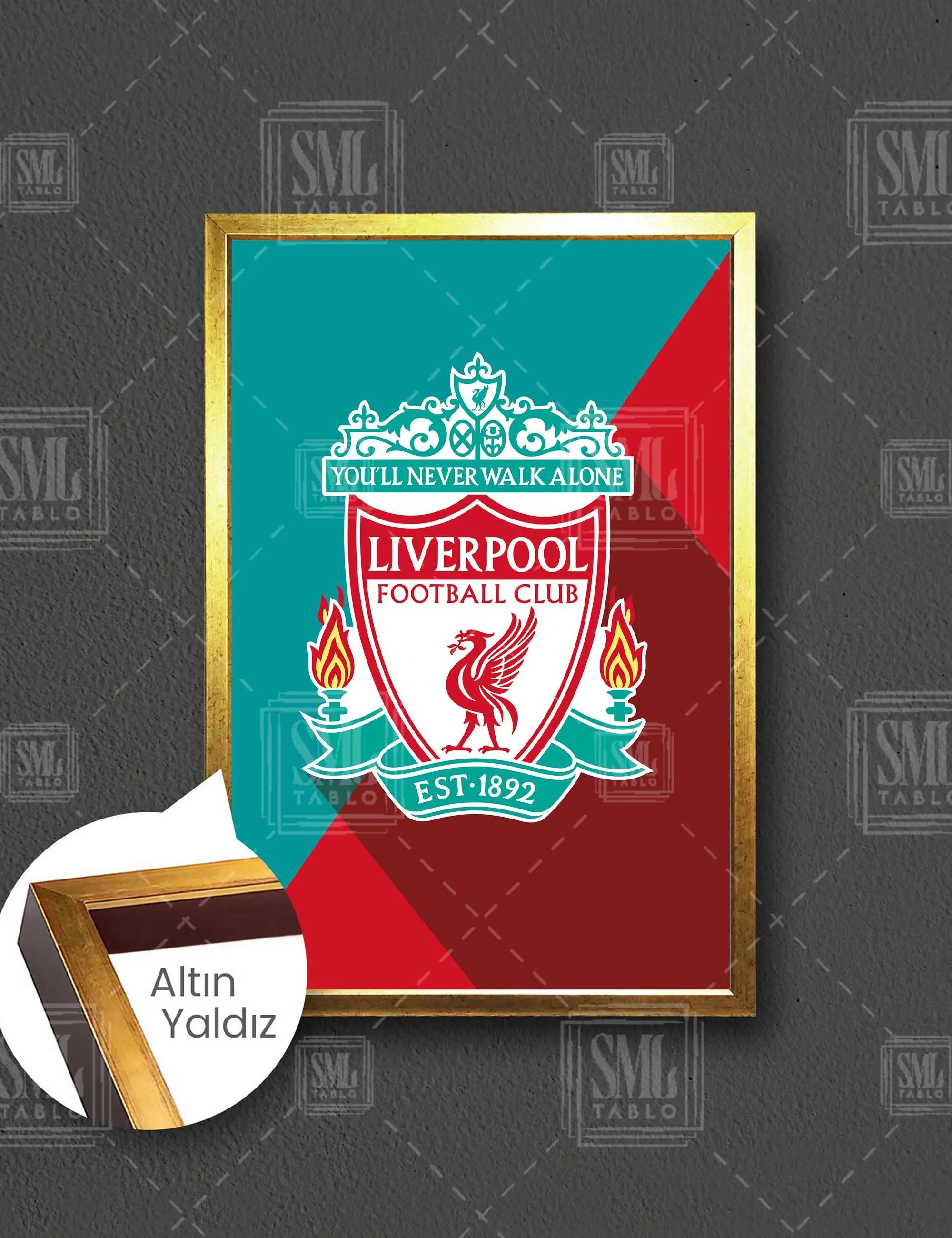 Liverpool Futbol Kulübü Logo You Will Never Walk Alone Çerçeveli Dikey Kanvas Tablo