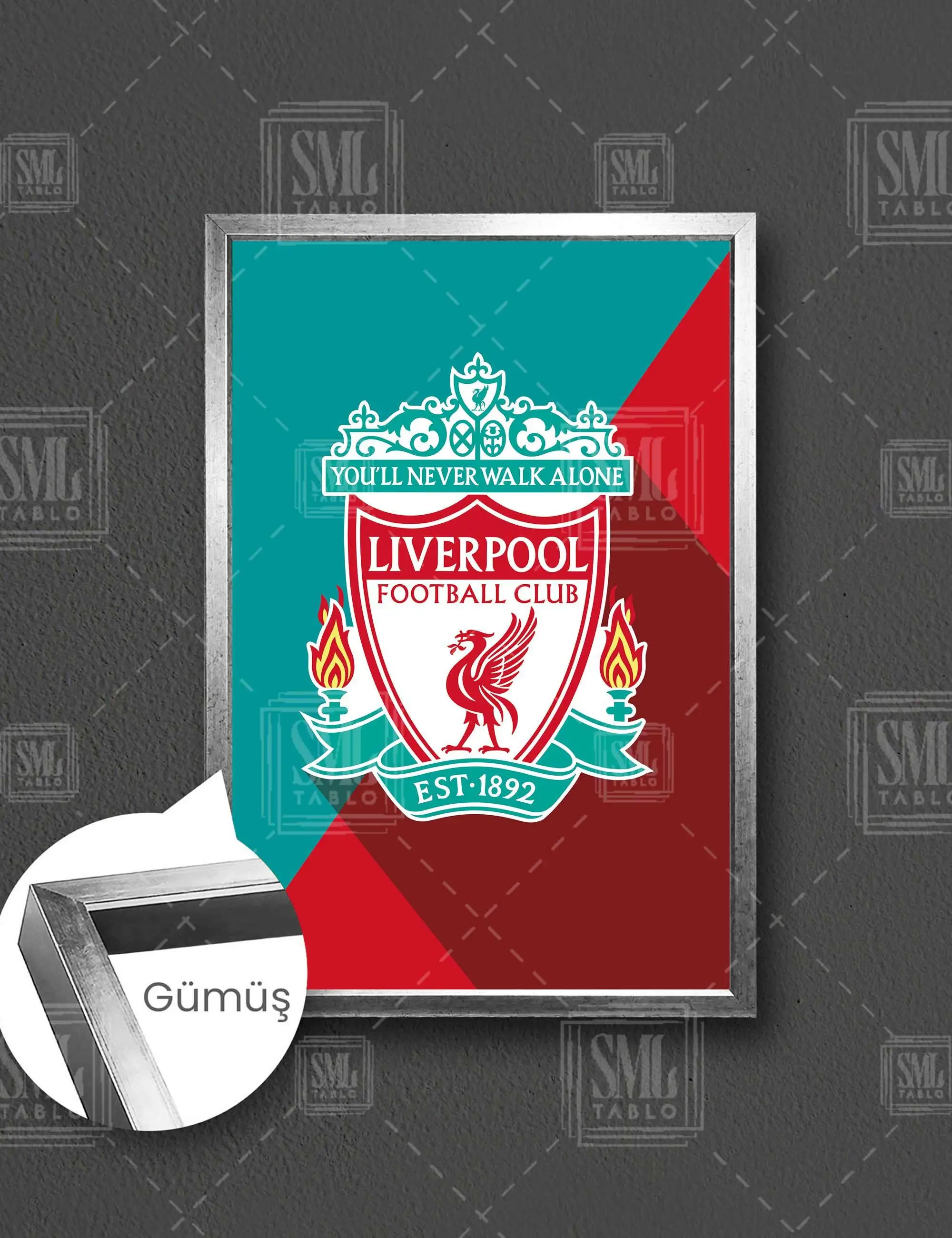 Liverpool Futbol Kulübü Logo You Will Never Walk Alone Çerçeveli Dikey Kanvas Tablo - Gümüş