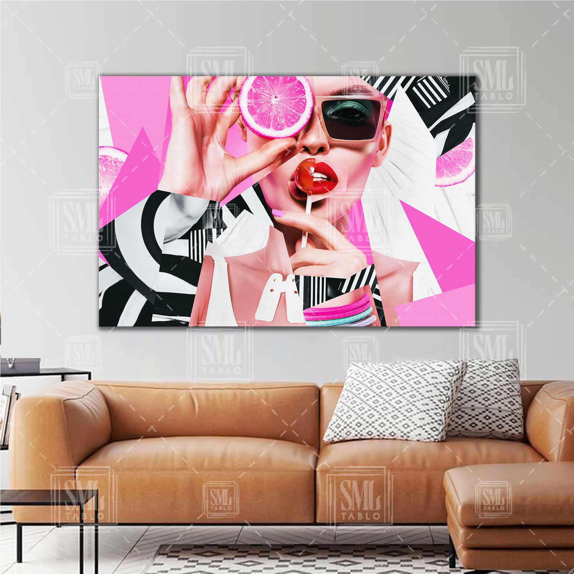 Lolipop Yiyen Pembe Portakal Gözlü Kadın Modern Yatay Kanvas Tablo Lolipop Yiyen Pembe Portakal Gözlü Kadın Modern Yatay Kanvas Tablo