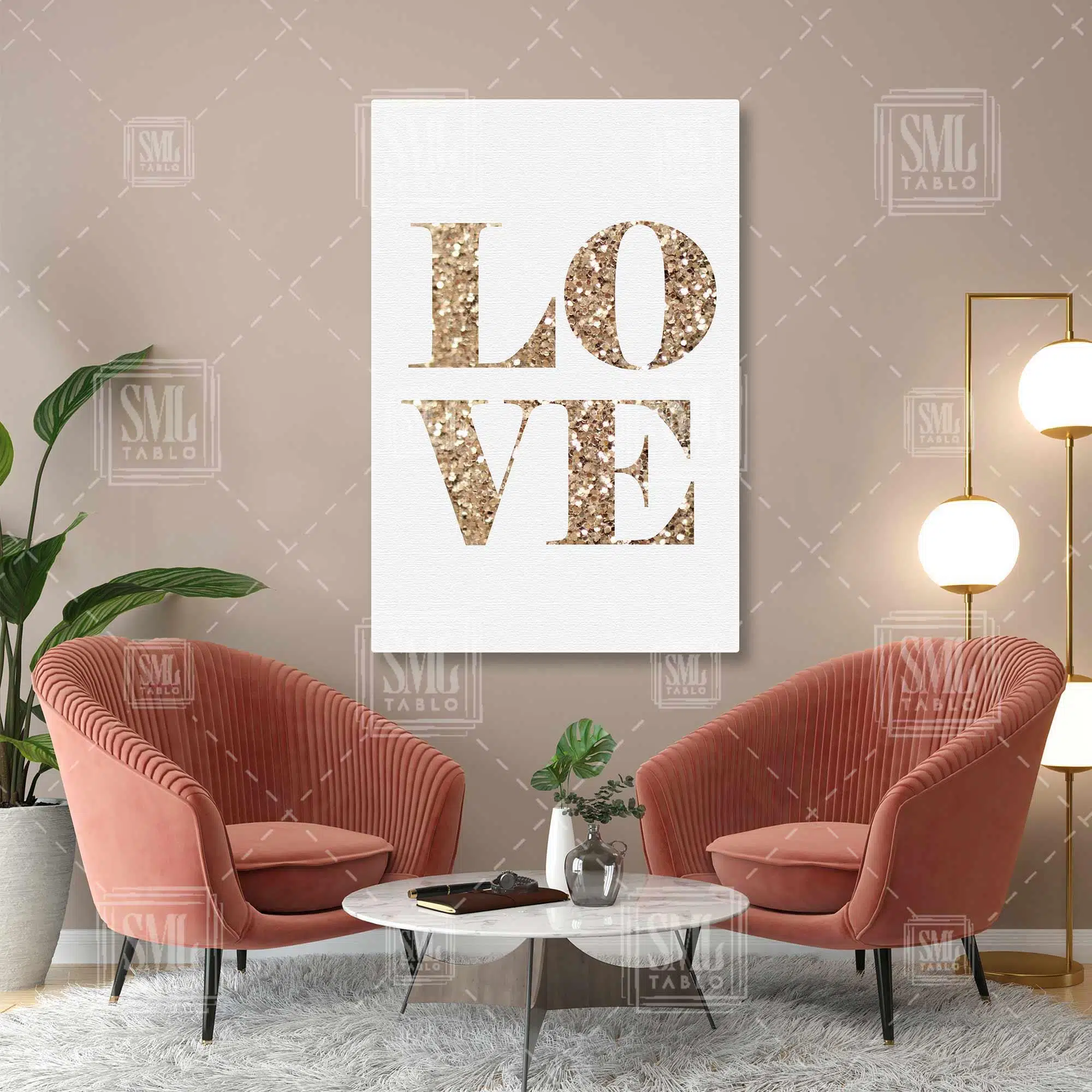 Love Altın Sarısı Simli Aşk Yazısı Dikey Kanvas Tablo