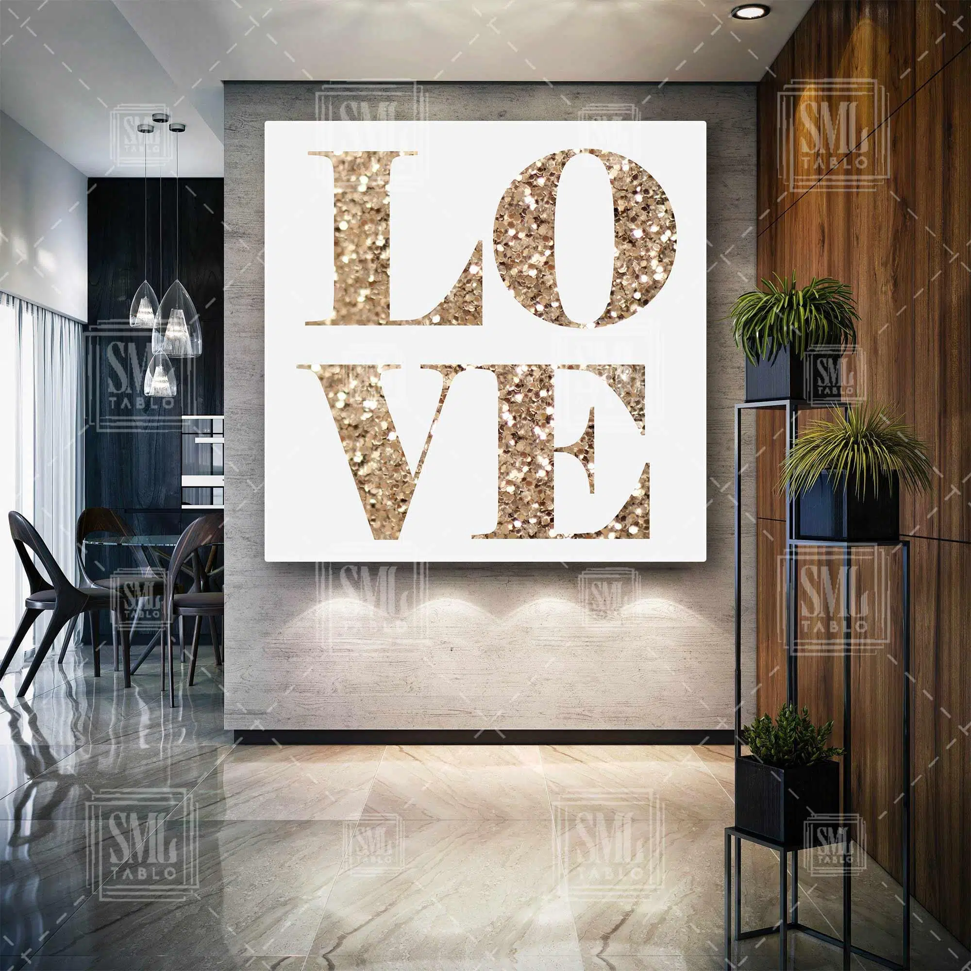 Love Altın Sarısı Simli Aşk Yazısı Kare Kanvas Tablo