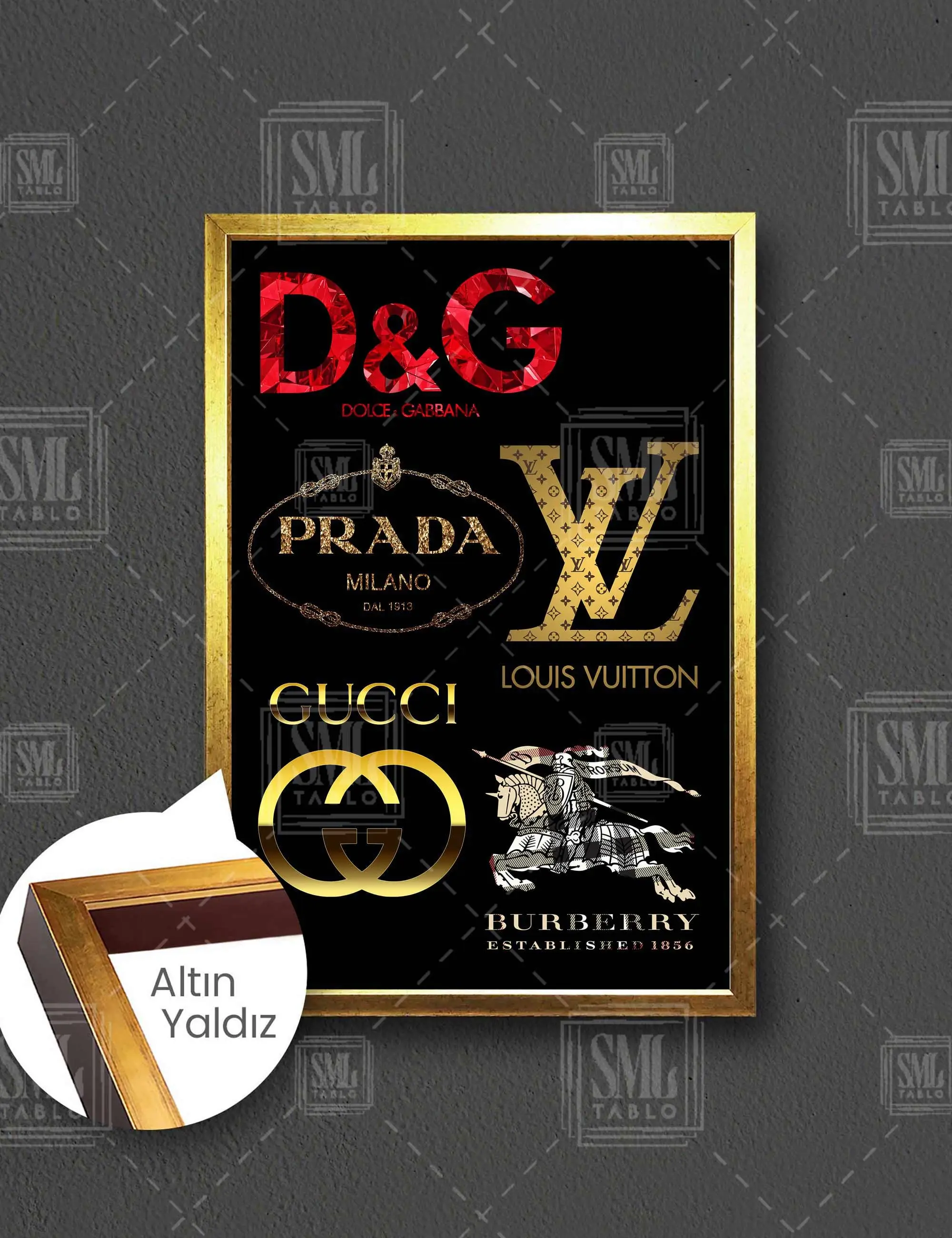 Lüks Marka Logoları Luxury Brands Logos Dekoratif Çerçeveli Dikey Kanvas Tablo