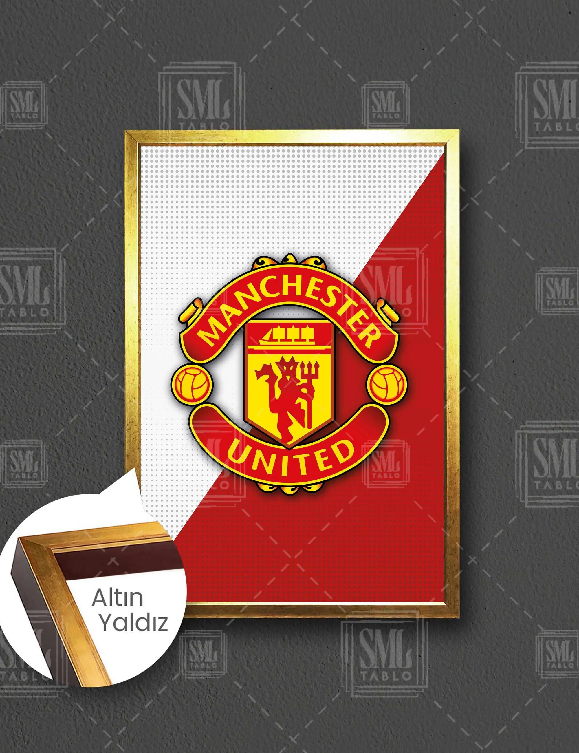 Manchester United Futbol Kulübü Logosu Kırmızı Şeytanlar Çerçeveli Dikey Kanvas Tablo