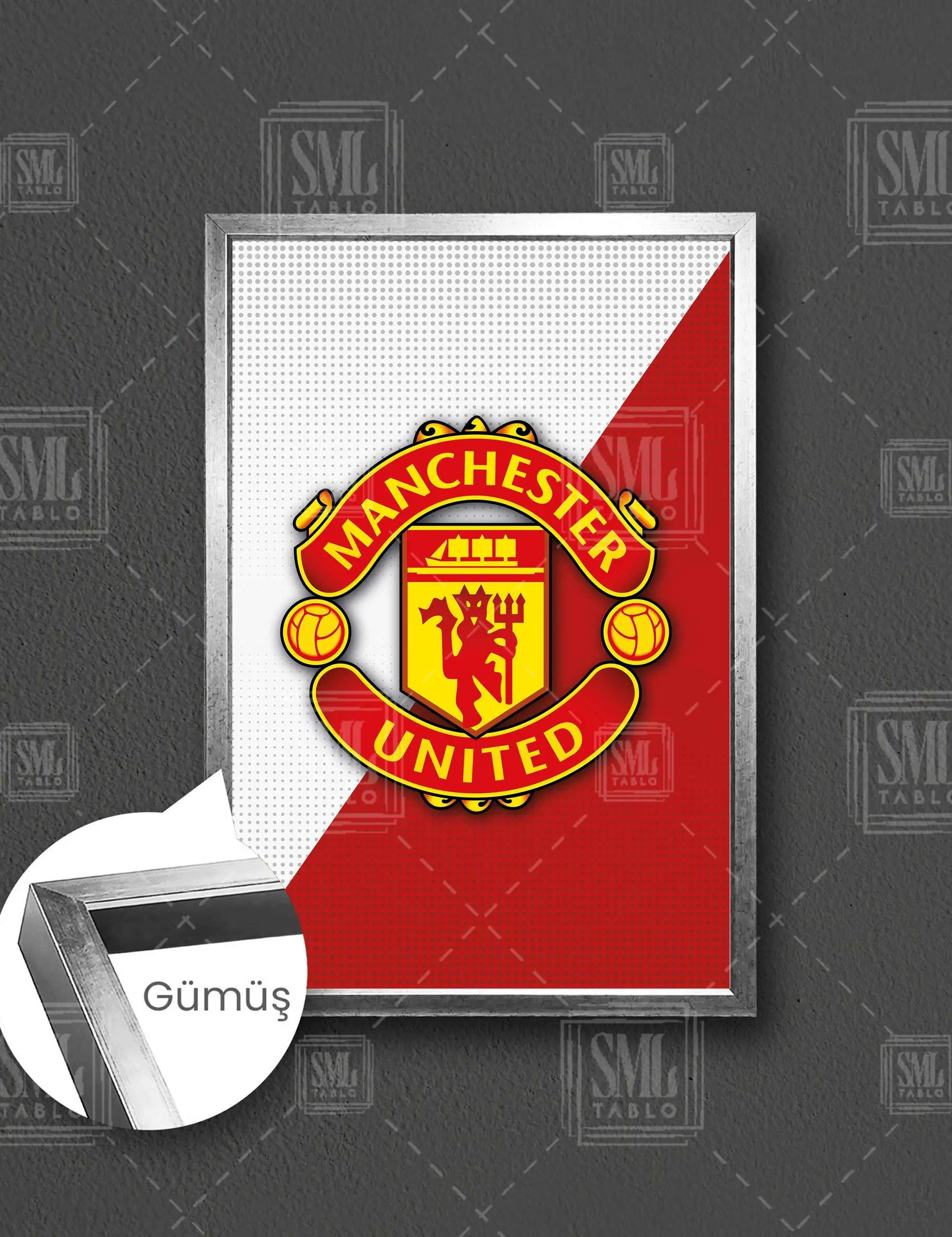 Manchester United Futbol Kulübü Logosu Kırmızı Şeytanlar Çerçeveli Dikey Kanvas Tablo - Gümüş