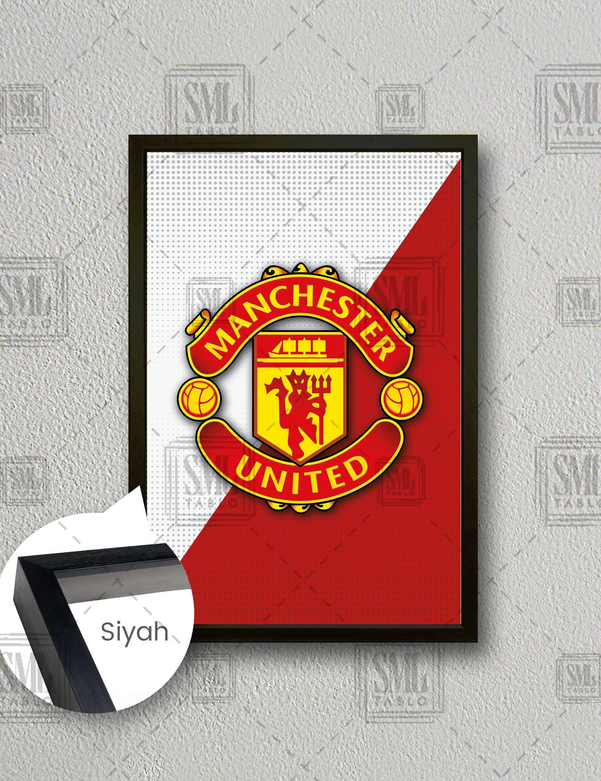 Manchester United Futbol Kulübü Logosu Kırmızı Şeytanlar Çerçeveli Dikey Kanvas Tablo - Siyah