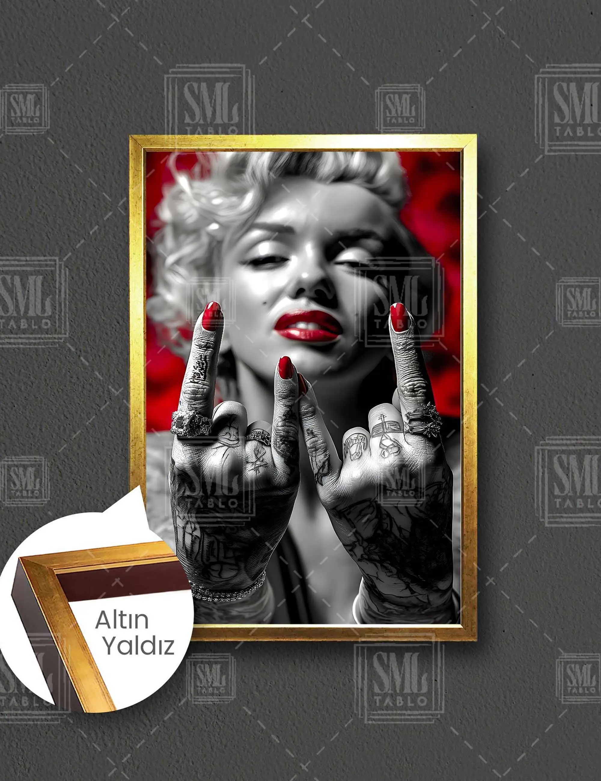 Marilyn Monroe Rock And Roll Kırmızı Oje Ruj Hollywood İkon Çerçeveli Dikey Kanvas Tablo