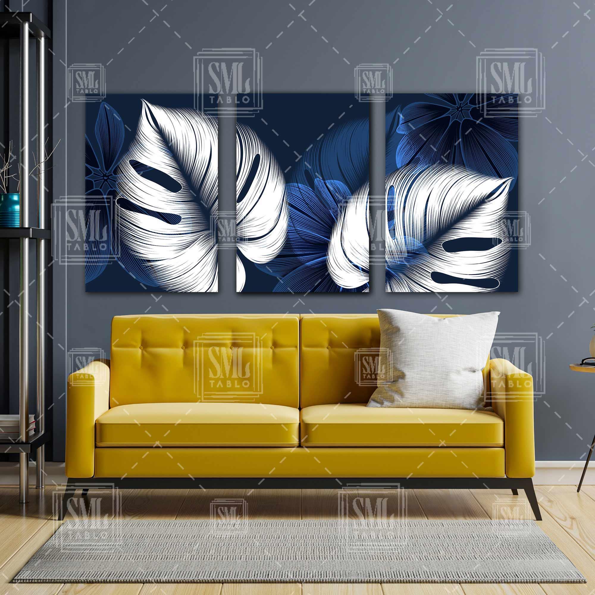 Mavi Beyaz Modern Sanatsal Dekoratif Yapr Üçlü Kombin 3 lü Set Kanvas Tablo Mavi Beyaz Modern Sanatsal Dekoratif Yapr Üçlü Kombin 3 lü Set Kanvas Tablo