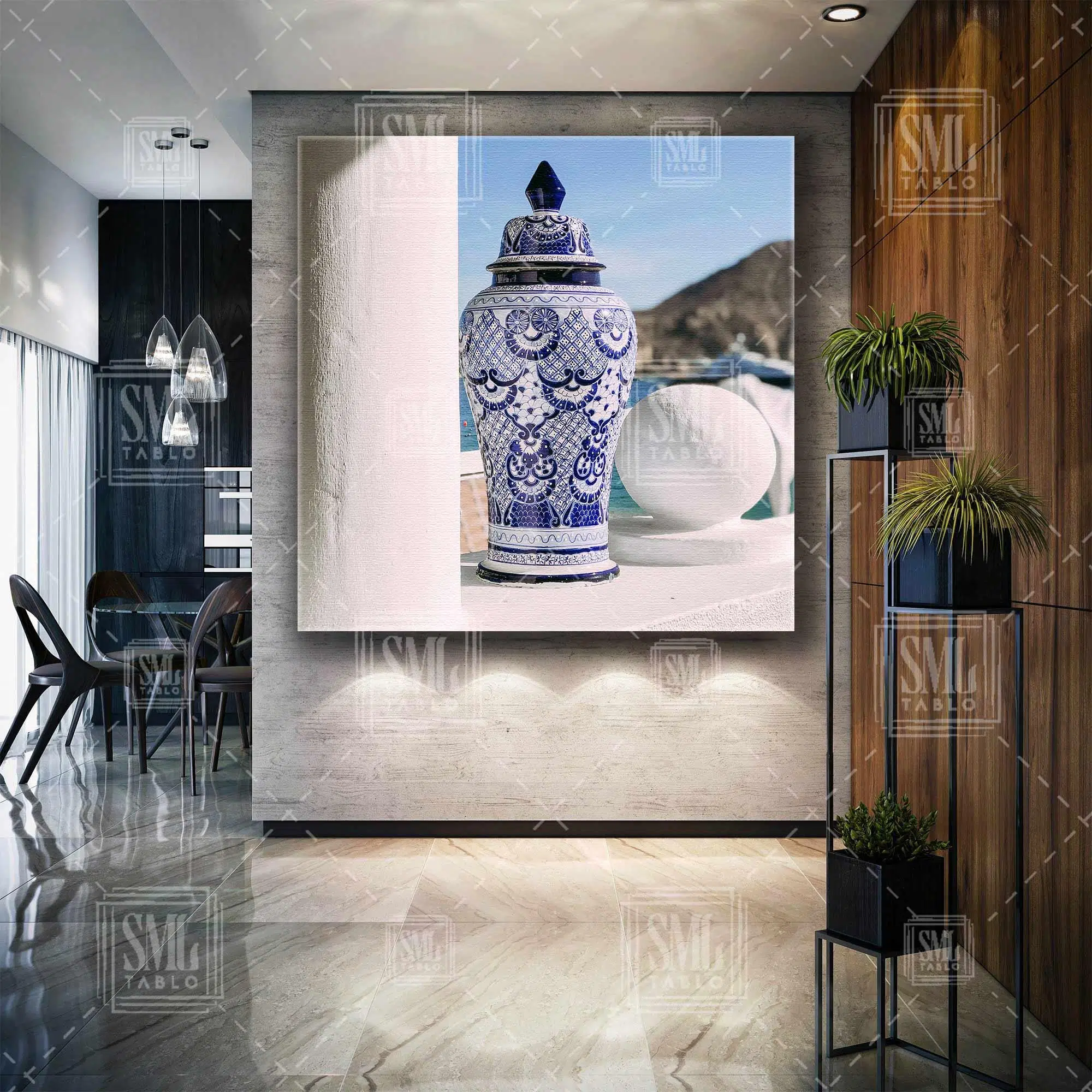 Mavi Çini Desenli Vazo Badrum Evi Kare Kanvas Tablo