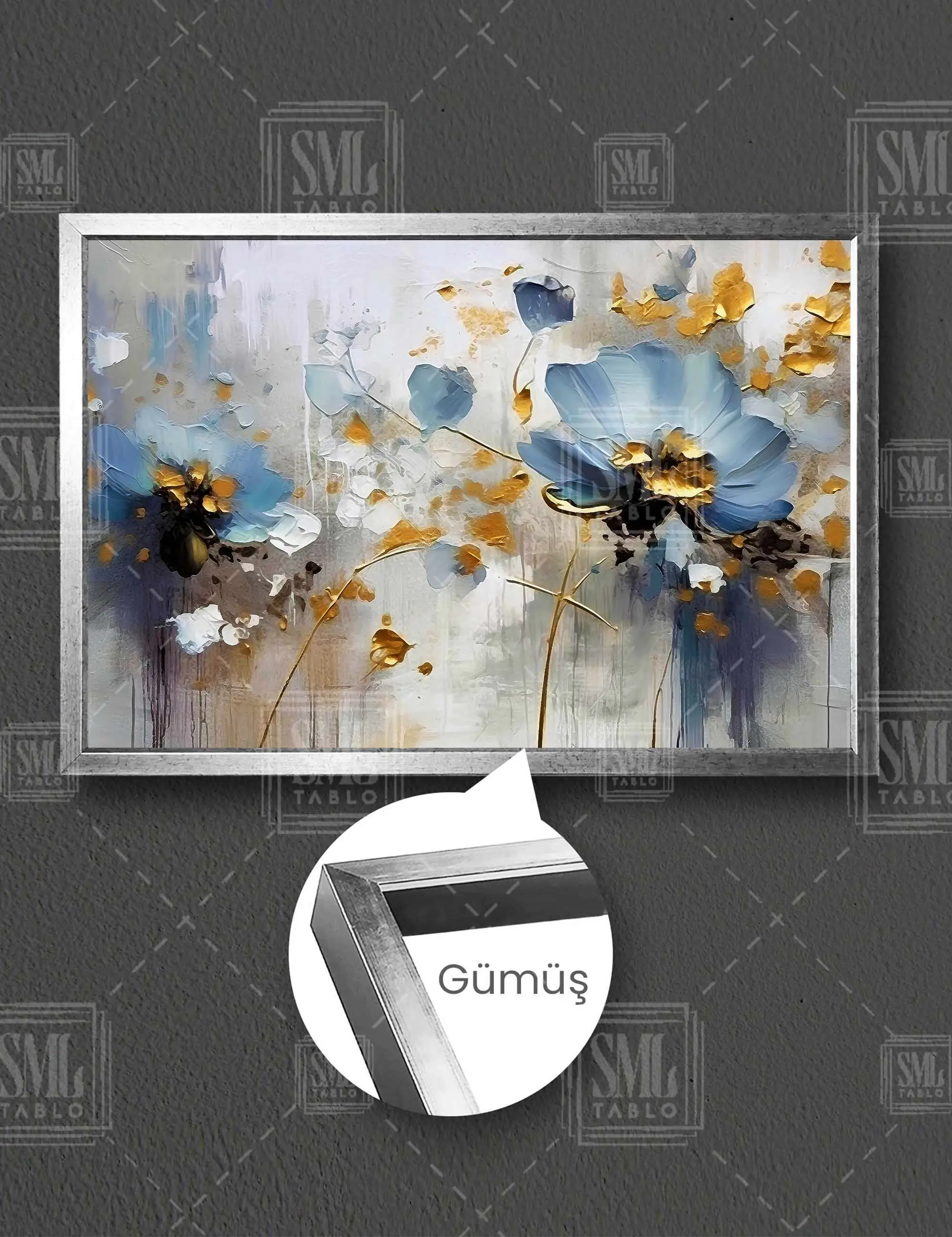 Mavi Gelincik Çiçeği Gold Detaylı Modern Elegant Çerçeveli Yatay Kanvas Tablo - Gümüş