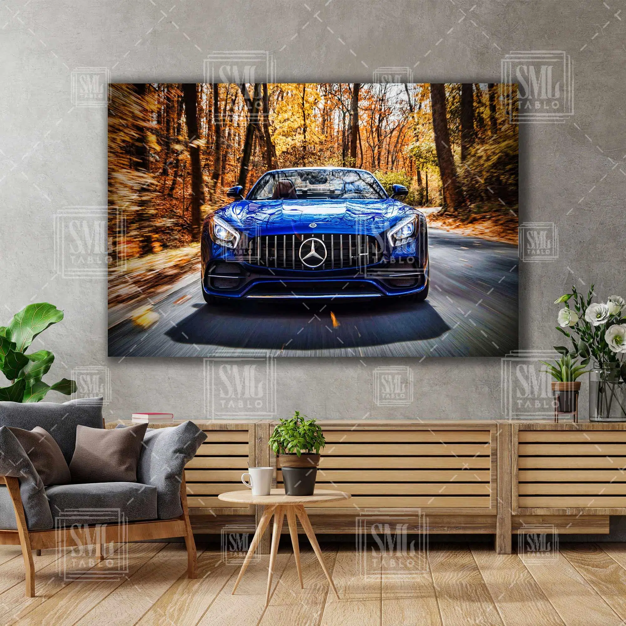 Mavi Mercedes Amg Gt Doğa Manzara Araba Dekor Yatay Kanvas Tablo