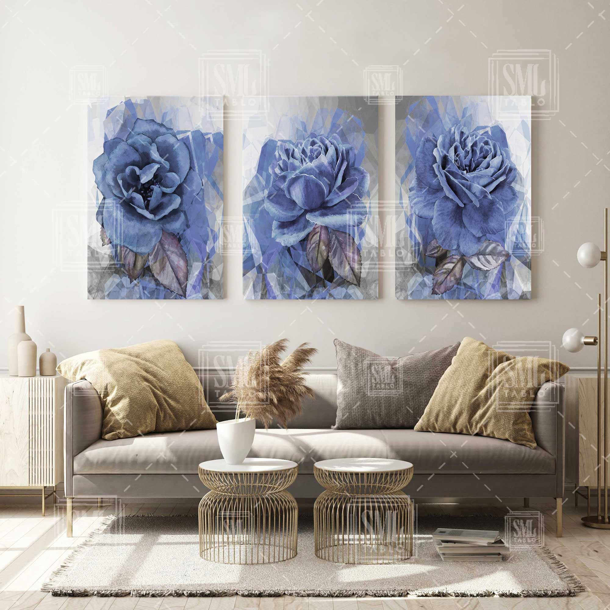 Mavi Yapraklı Dokusal Çiçek Modern Sanat Lüks Dekor Üçlü Kombin 3 lü Set Kanvas Tablo Mavi Yapraklı Dokusal Çiçek Modern Sanat Lüks Dekor Üçlü Kombin 3 lü Set Kanvas Tablo