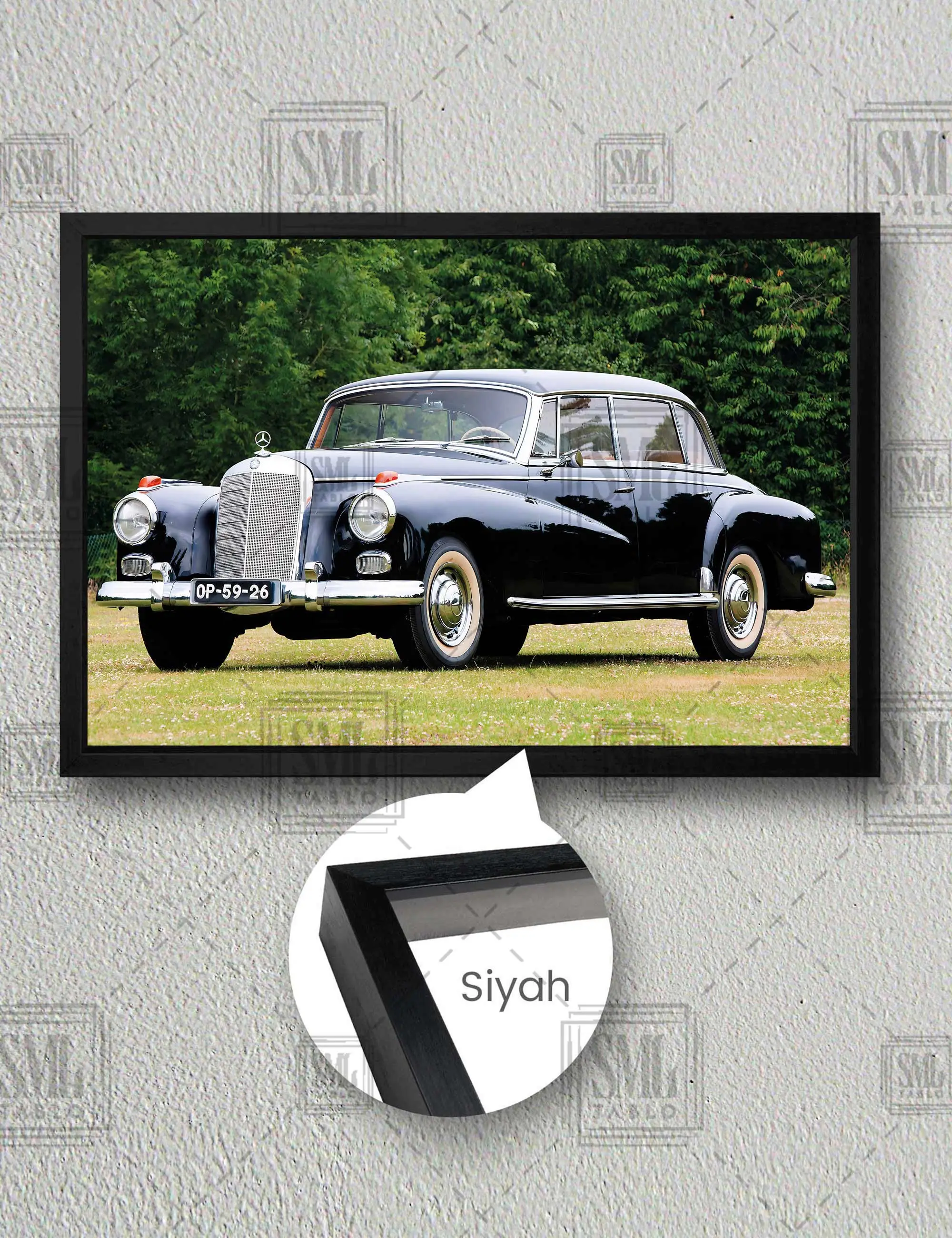 Mercedes-Benz 300d W189 Kasa 1957 Klasik Araba Antika Çerçeveli Yatay Kanvas Tablo - Siyah