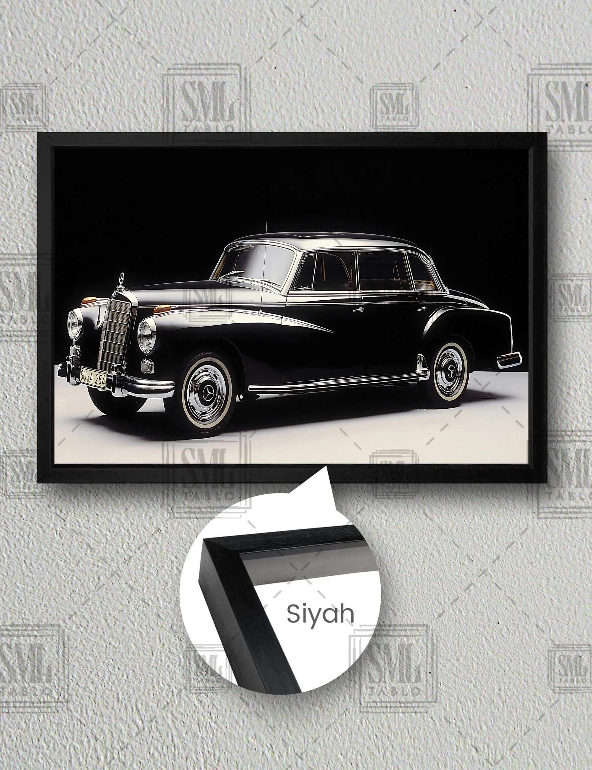 Mercedes-Benz 300d W189 Kasa 1957 Klasik Araba Çerçeveli Yatay Kanvas Tablo - Siyah