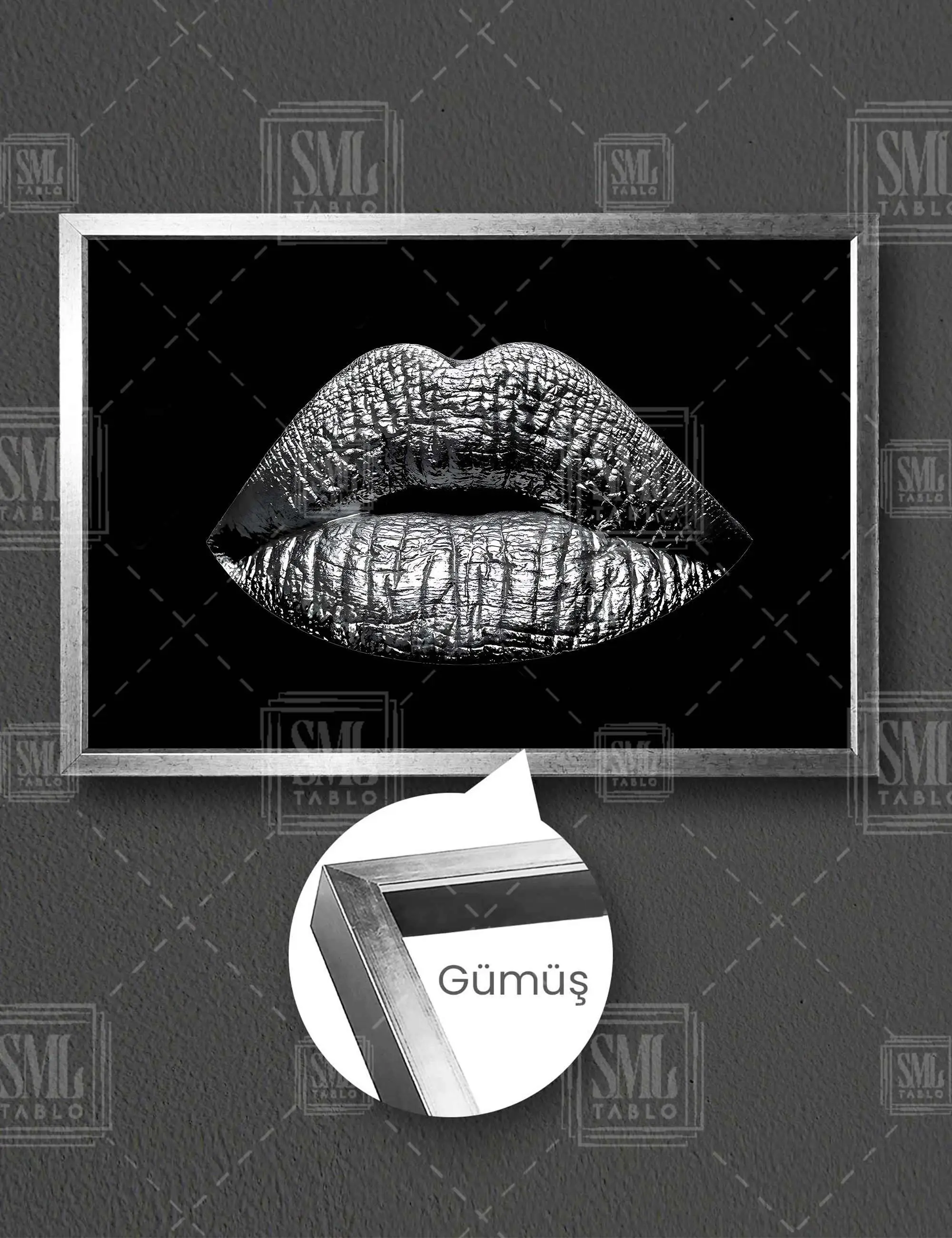 Metalik Gri Ruj Makyaj Dudak Lips Çerçeveli Yatay Kanvas Tablo - Gümüş